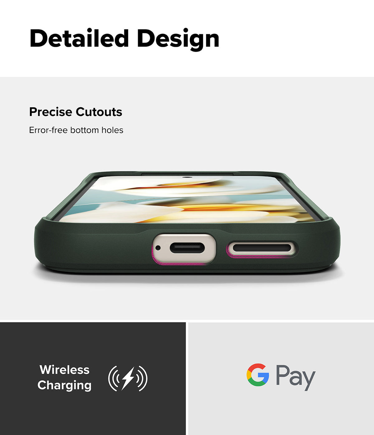 Google Pixel 9a Case | Onyx - Close-up of the phone case bottom showing precise cutouts for the charging port and speaker.