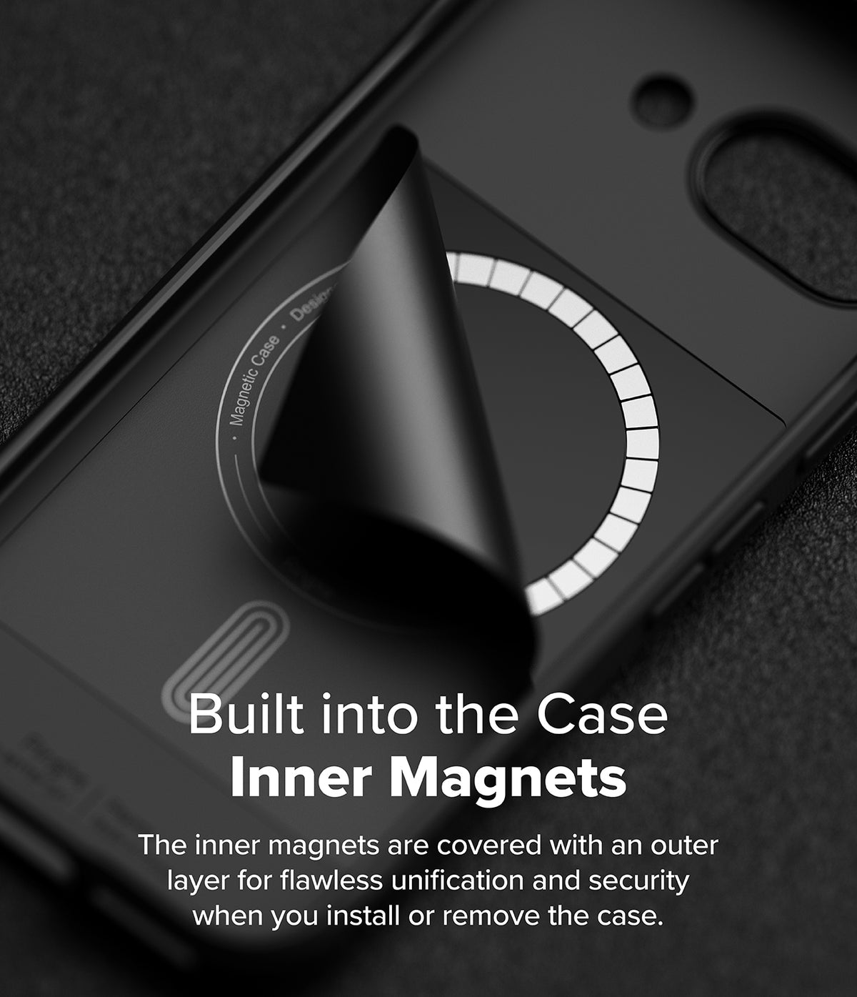 Google Pixel 9a Case | Onyx Magnetic - A black phone case with a peeling inner layer revealing a circular magnetic ring.
