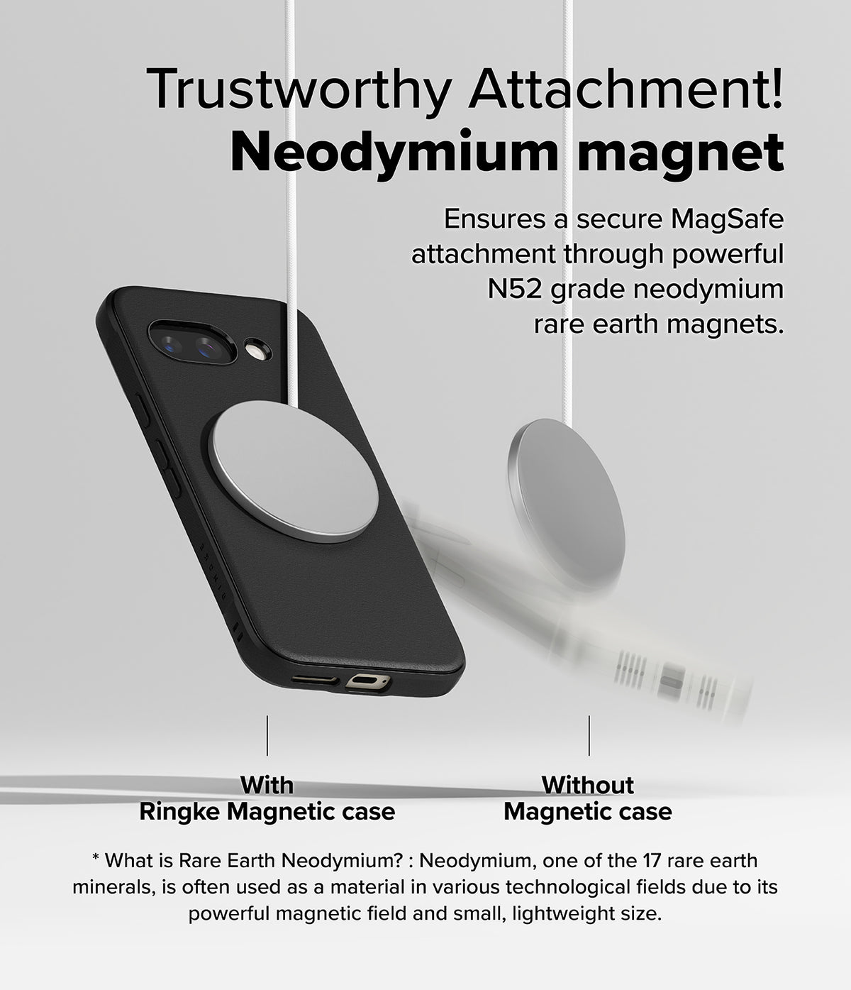 Google Pixel 9a Case | Onyx Magnetic - A black phone case attached to a magnetic disc, contrasting with a detached disc.