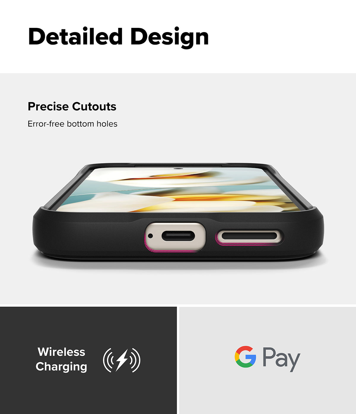 Google Pixel 9a Case | Onyx Magnetic - Close-up of phone case bottom showing precise port cutouts and charging icons.