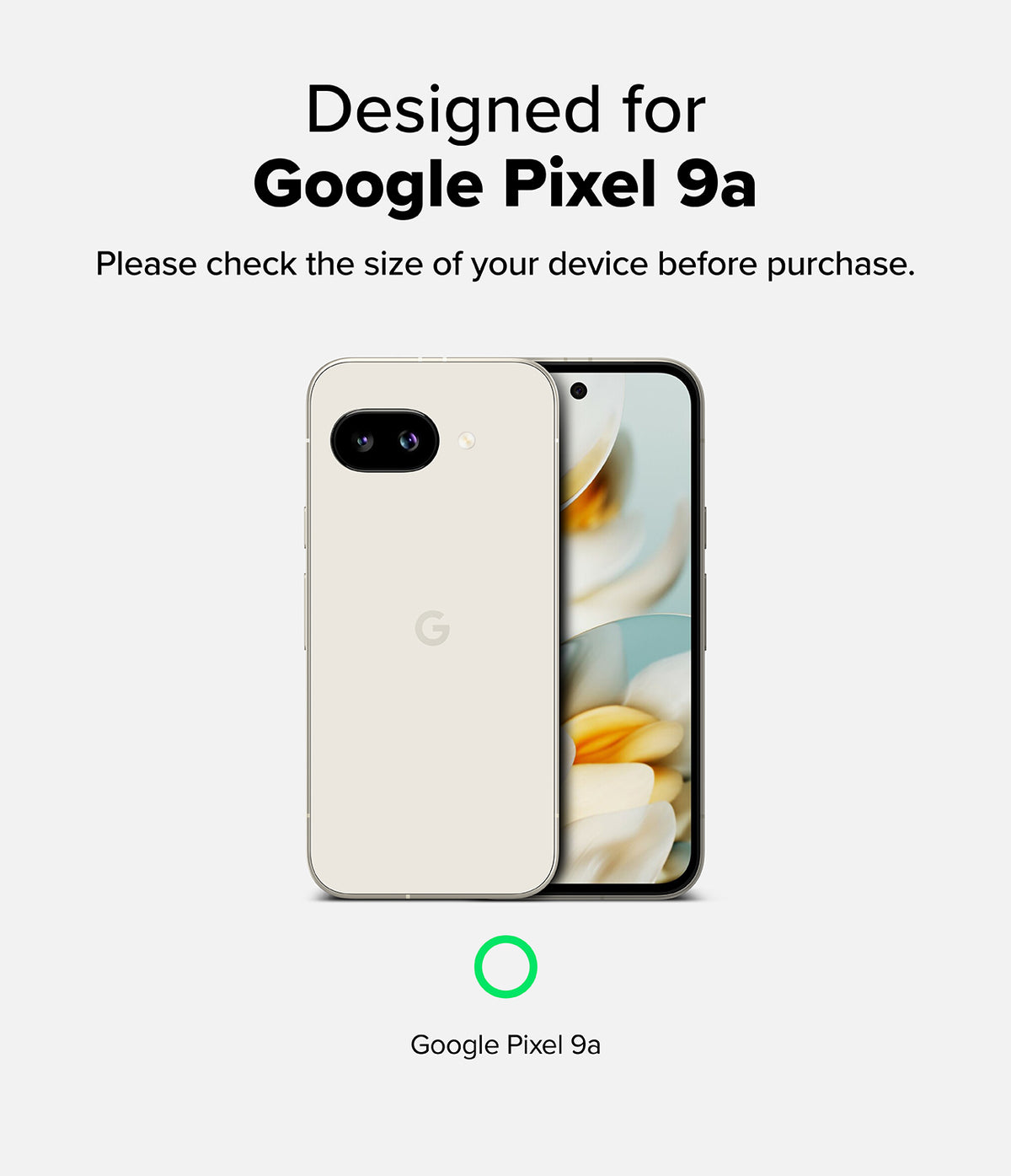 Google Pixel 9a Case | Onyx Magnetic - Cream-colored Pixel 9a phone shown from front and back with text confirming device compatibility.