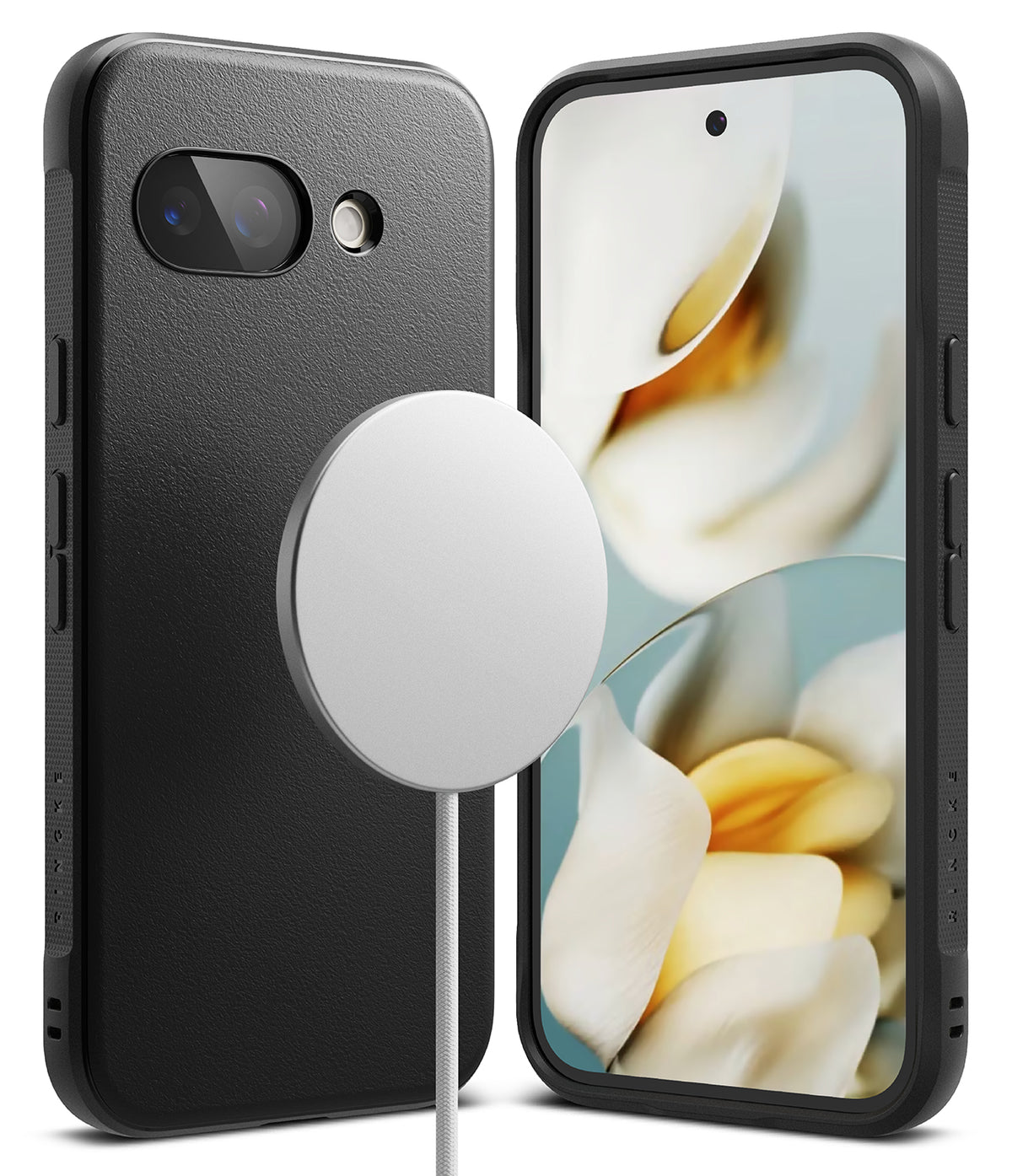 Google Pixel 9a Case | Onyx Magnetic - Black textured phone case shown from front and back with a magnetic charger.