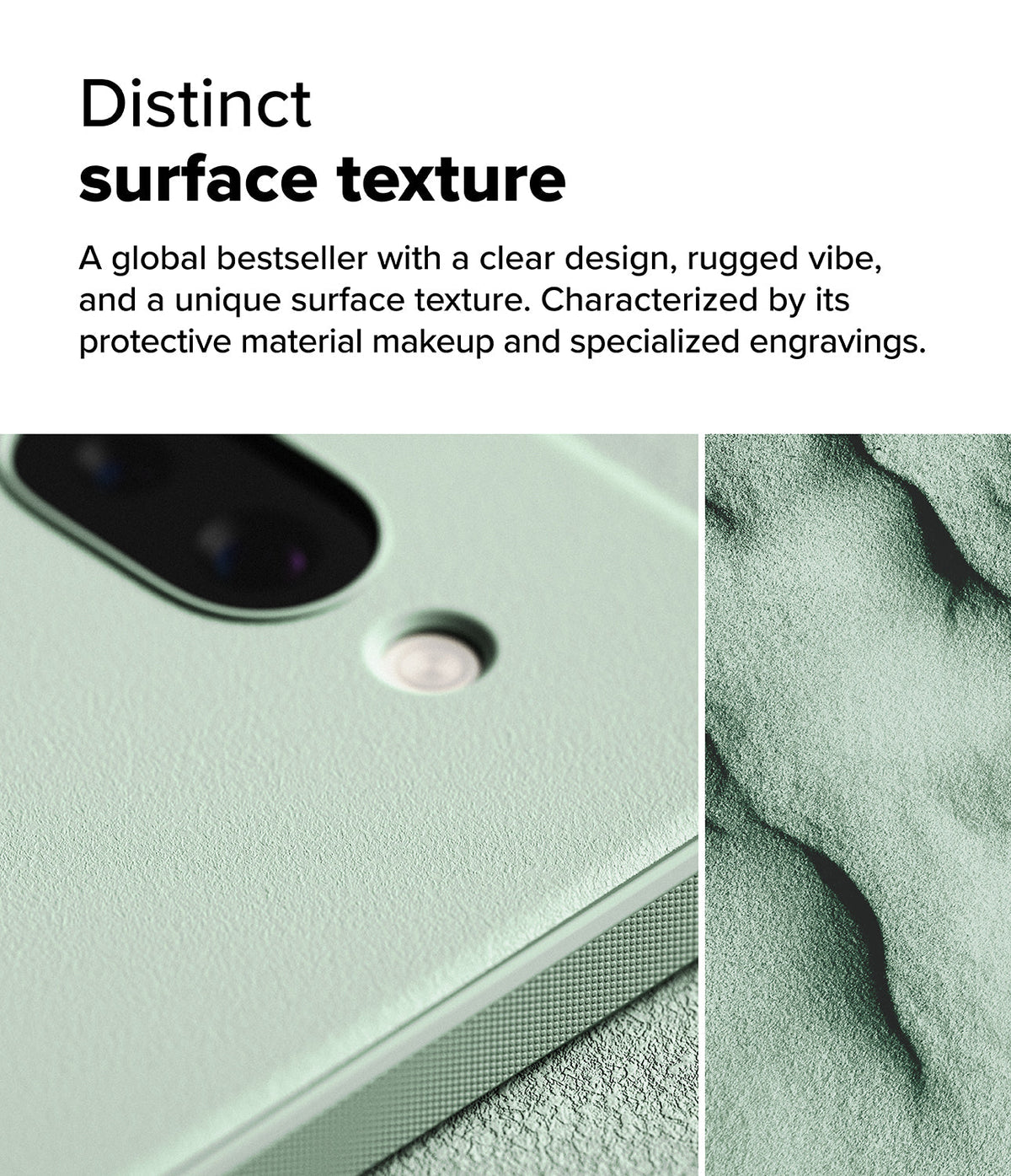 Google Pixel 9a Case | Onyx - Close-up of a textured light green phone case with a rugged, sand-like surface pattern.