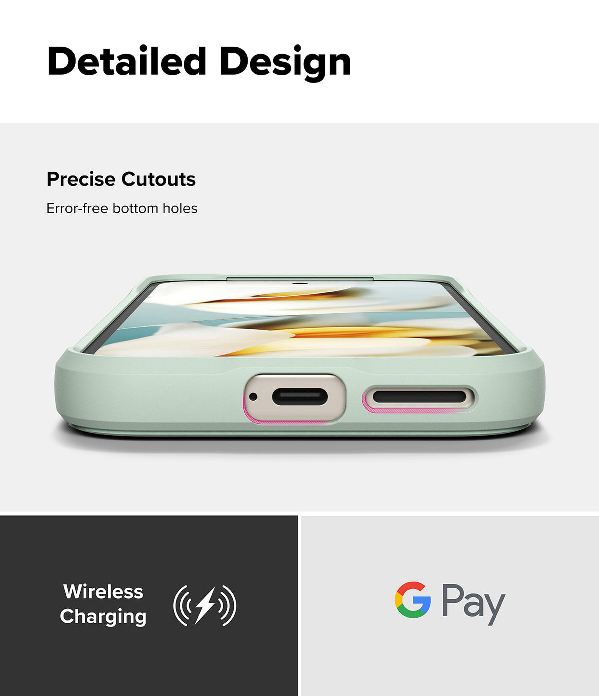 Google Pixel 9a Case | Onyx - Close-up of phone case bottom showing precise cutouts for charging port and speaker, with wireless charging icons.