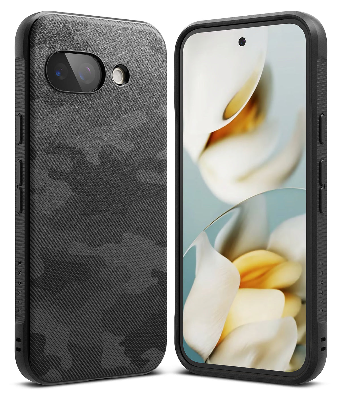 Google Pixel 9a Case | Onyx - Black phone case with a textured camo pattern, showing both the back and front views.