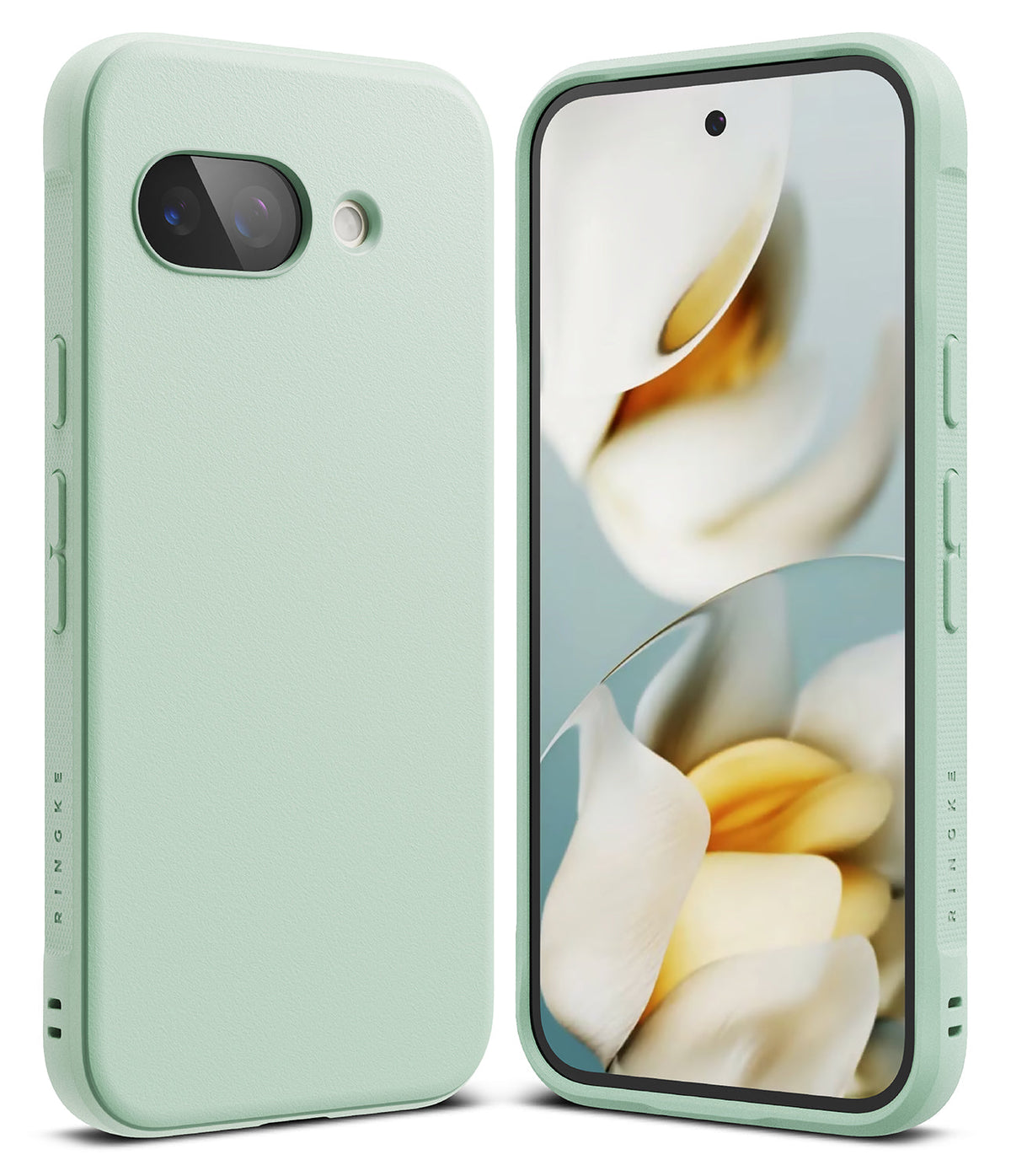 Google Pixel 9a Case | Onyx - Mint green phone case shown from back and front with a floral wallpaper on the screen.