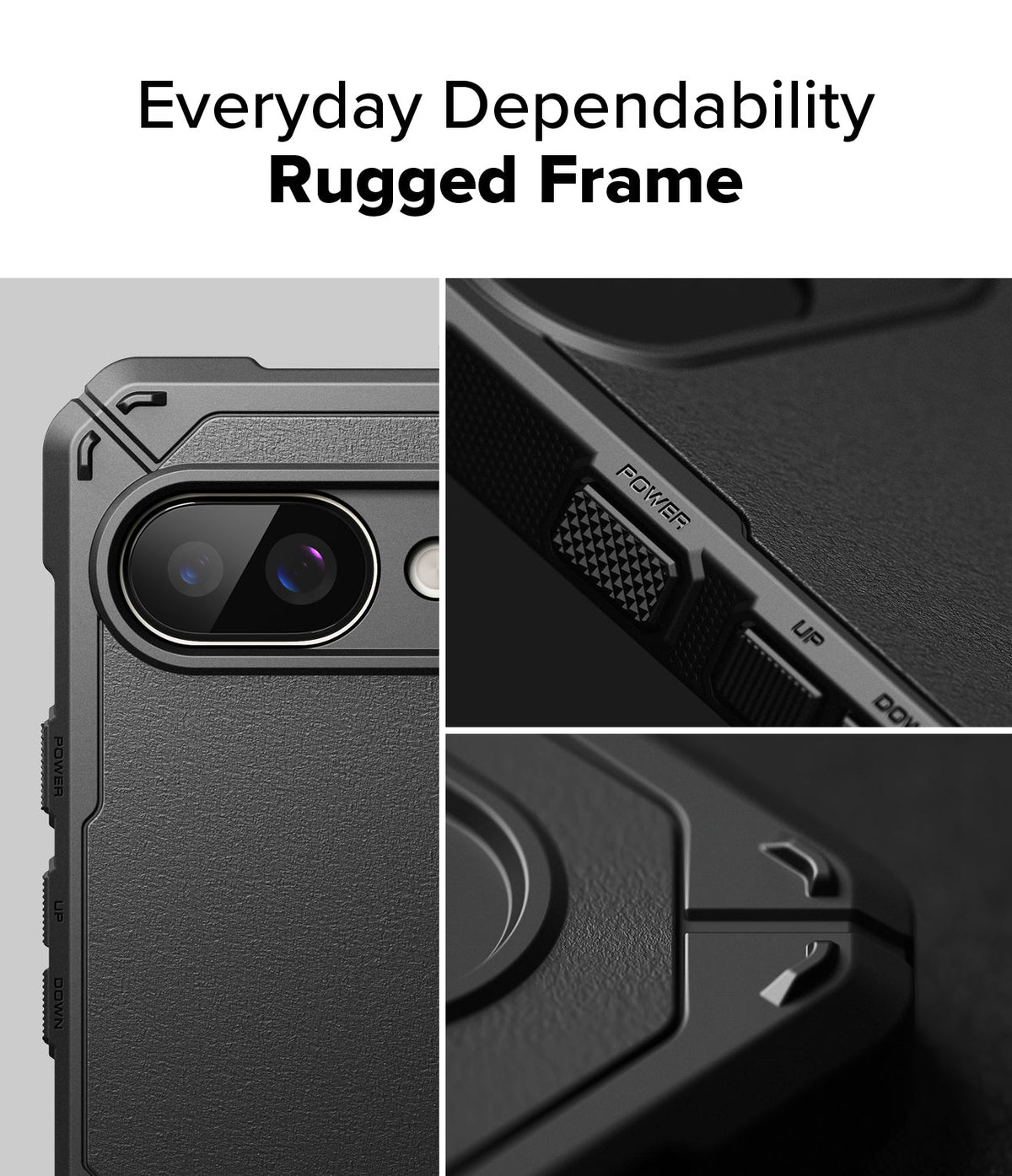 Google Pixel 9a Case | Rugged Gear - Close-up views of a black rugged phone case highlighting textured buttons and camera.