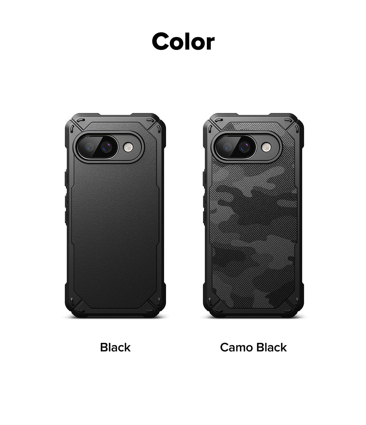 Google Pixel 9a Case | Rugged Gear - Two rugged phone cases in solid black and camo black side-by-side on a white background.