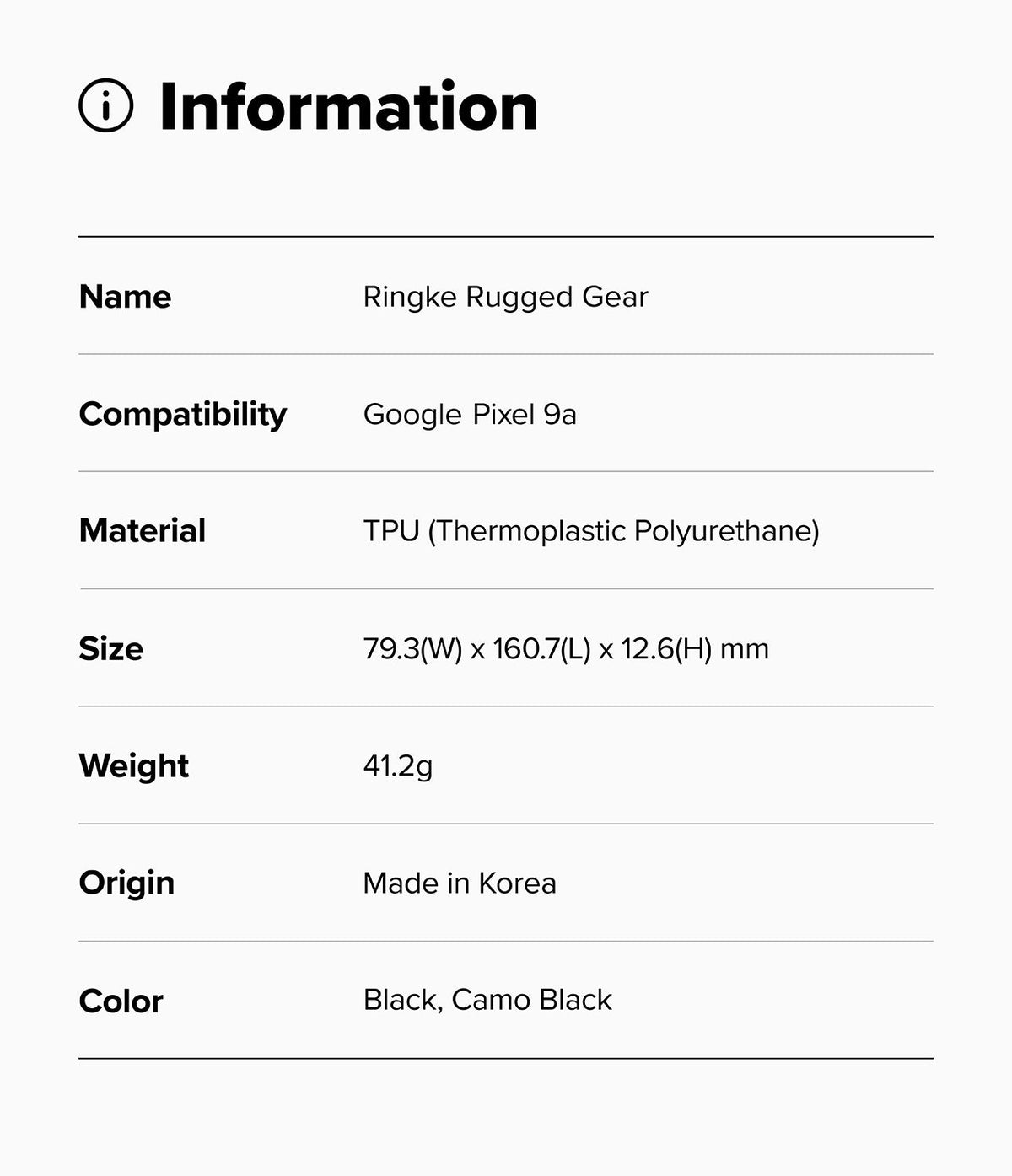 Google Pixel 9a Case | Rugged Gear - Information table listing specifications for the Ringke Rugged Gear case.