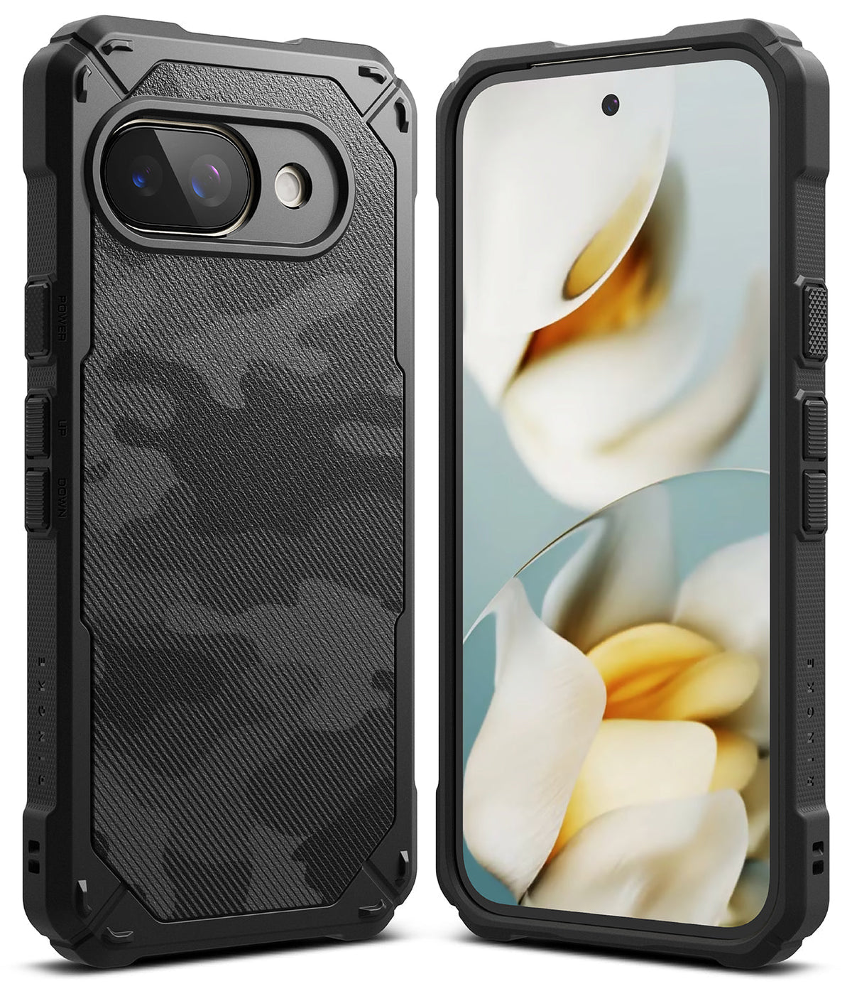 Google Pixel 9a Case | Rugged Gear - Black rugged phone case with camo texture, shown from front and back angles.