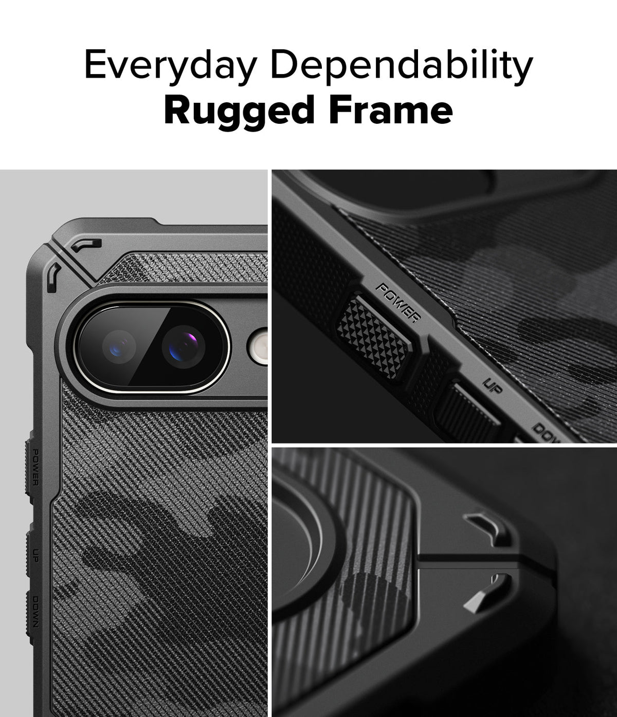Google Pixel 9a Case | Rugged Gear - Close-up views of a black rugged phone case with textured buttons and camo pattern.