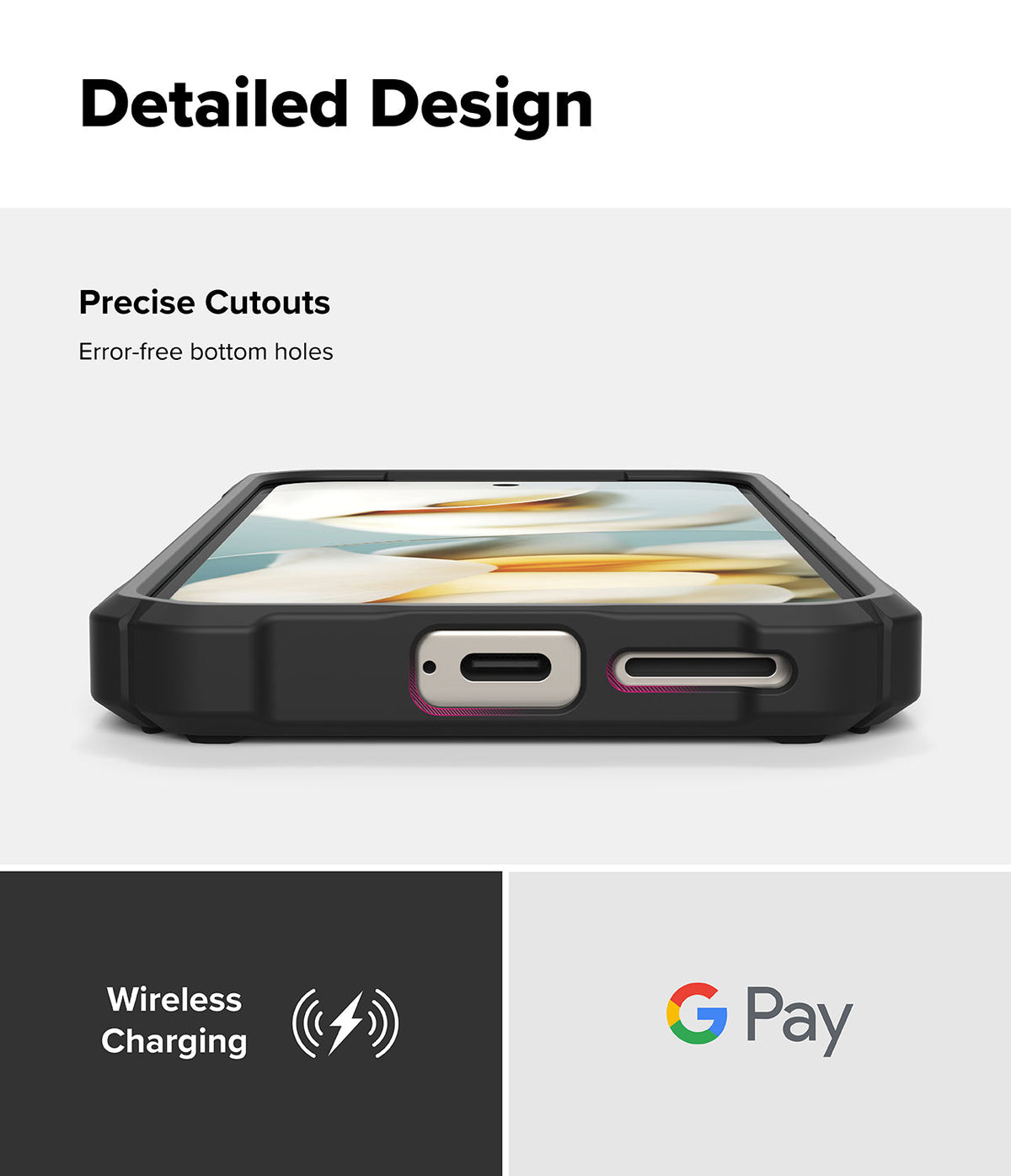 Google Pixel 9a Case | Rugged Gear - Google Pixel 9a Case - Rugged black phone case showing precise bottom cutouts for charging and speakers with wireless charging.