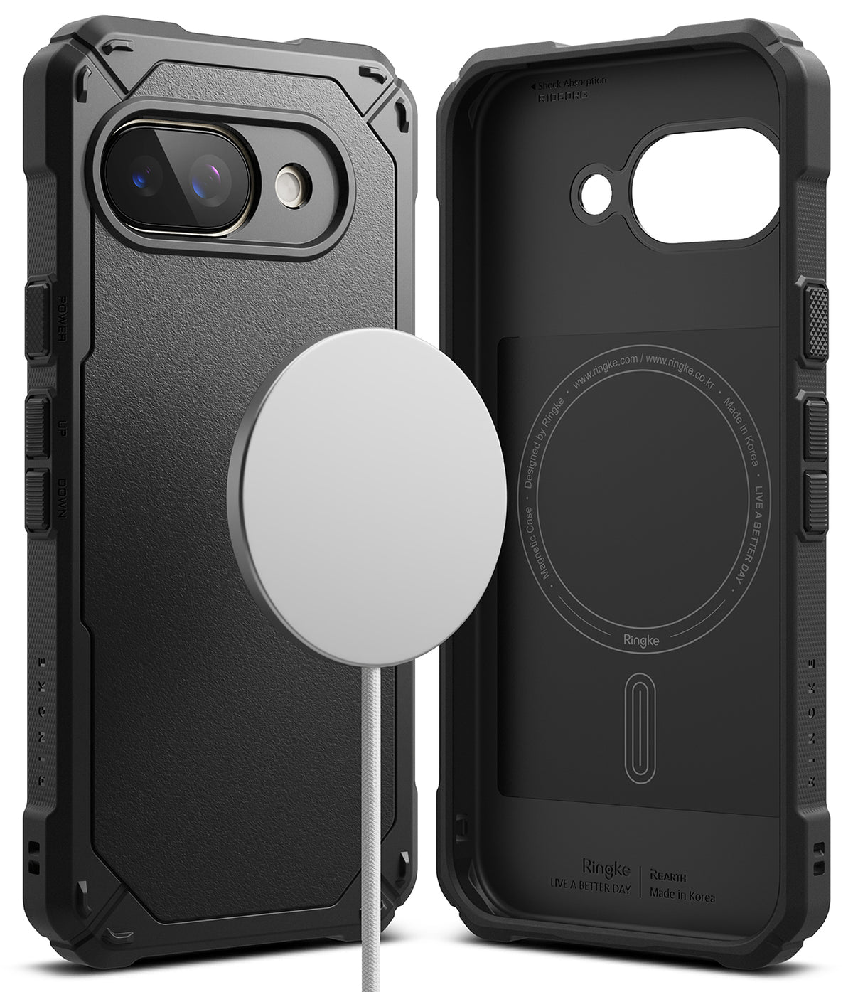 Google Pixel 9a Case | Rugged Gear Magnetic - Black rugged phone case showing exterior and interior with magnetic ring.