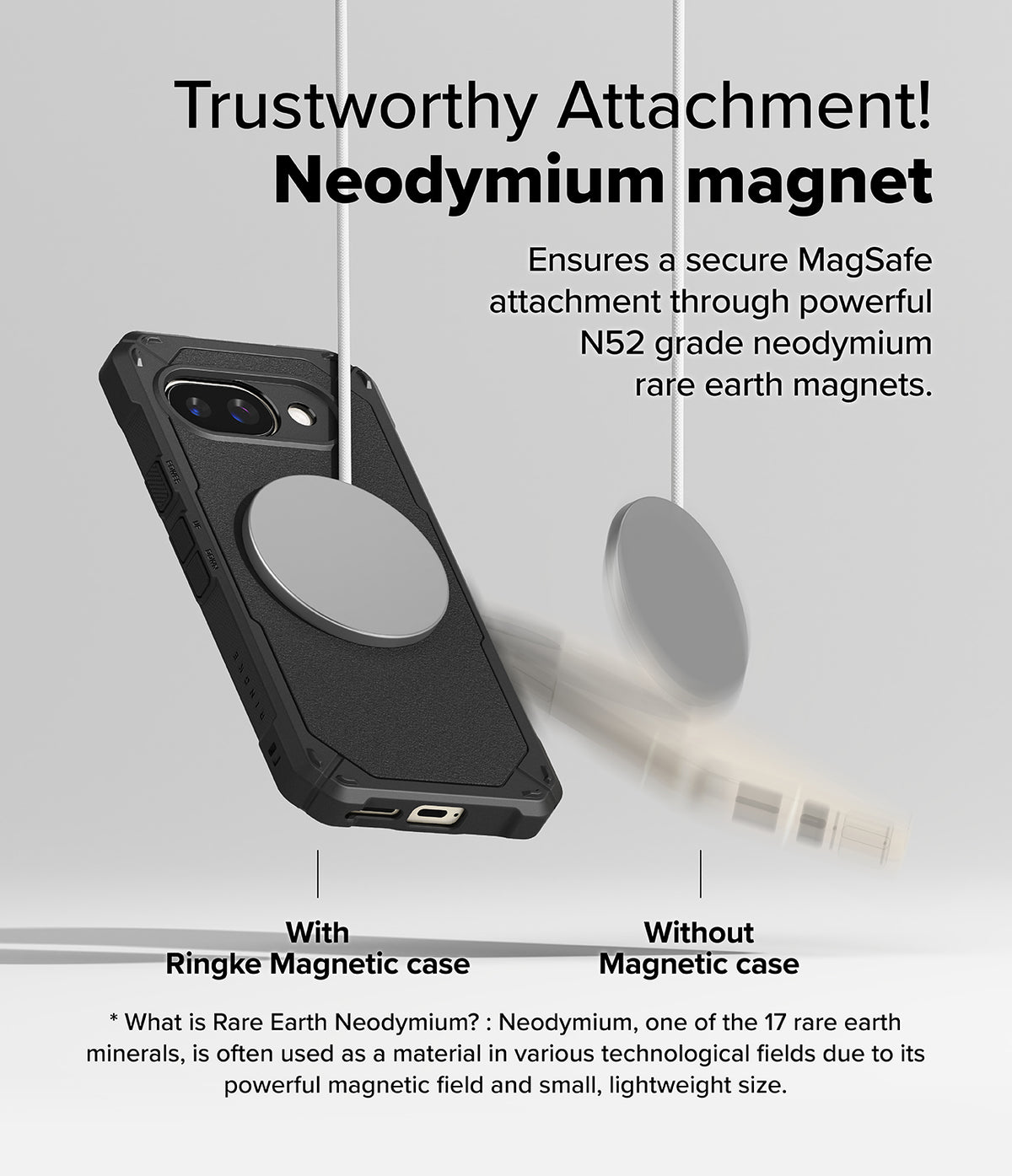 Google Pixel 9a Case | Rugged Gear Magnetic - A phone case with a magnetic disc attached versus one without.