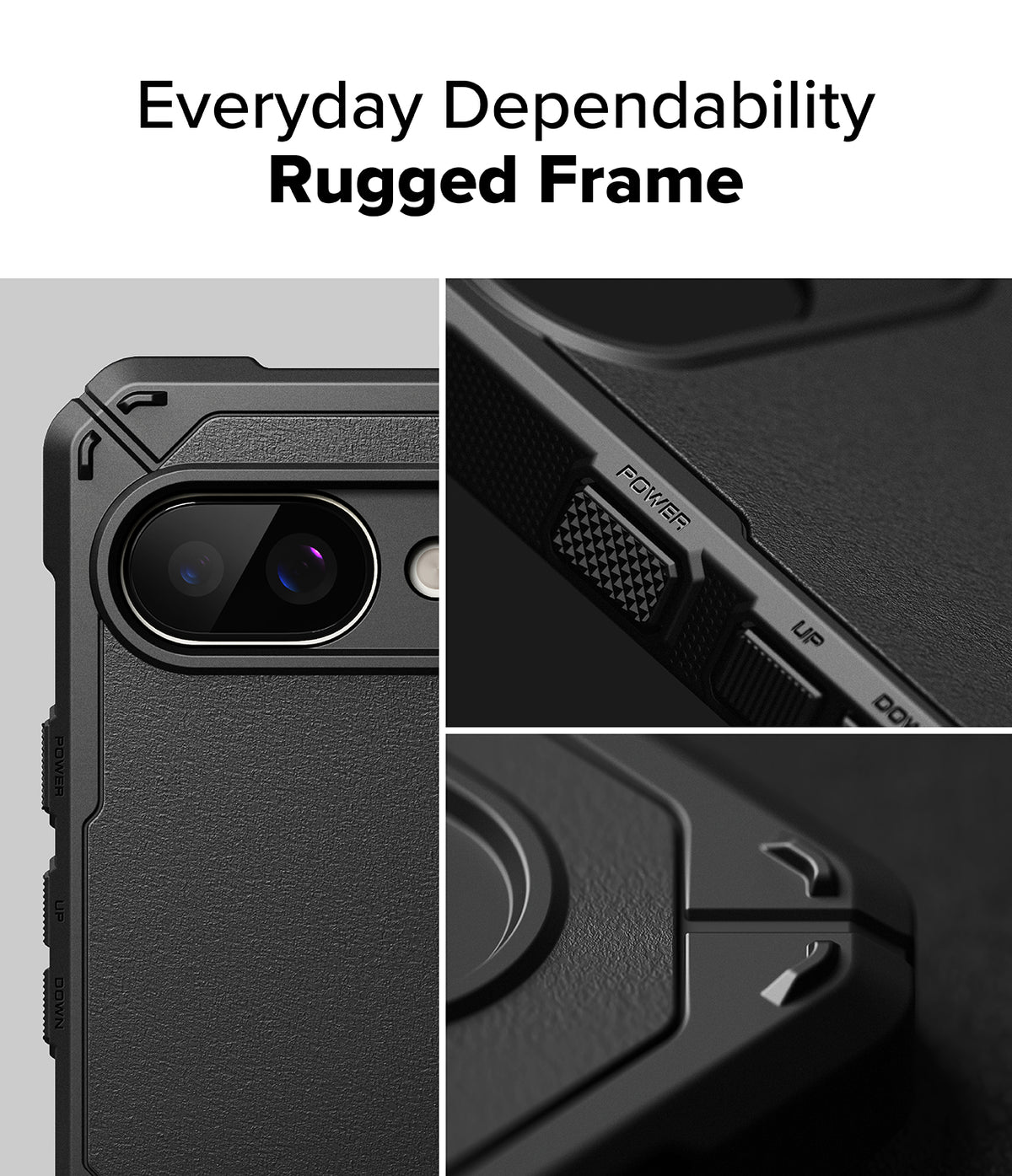 Google Pixel 9a Case | Rugged Gear Magnetic - Close-up of a black rugged phone case showing textured buttons and corners.
