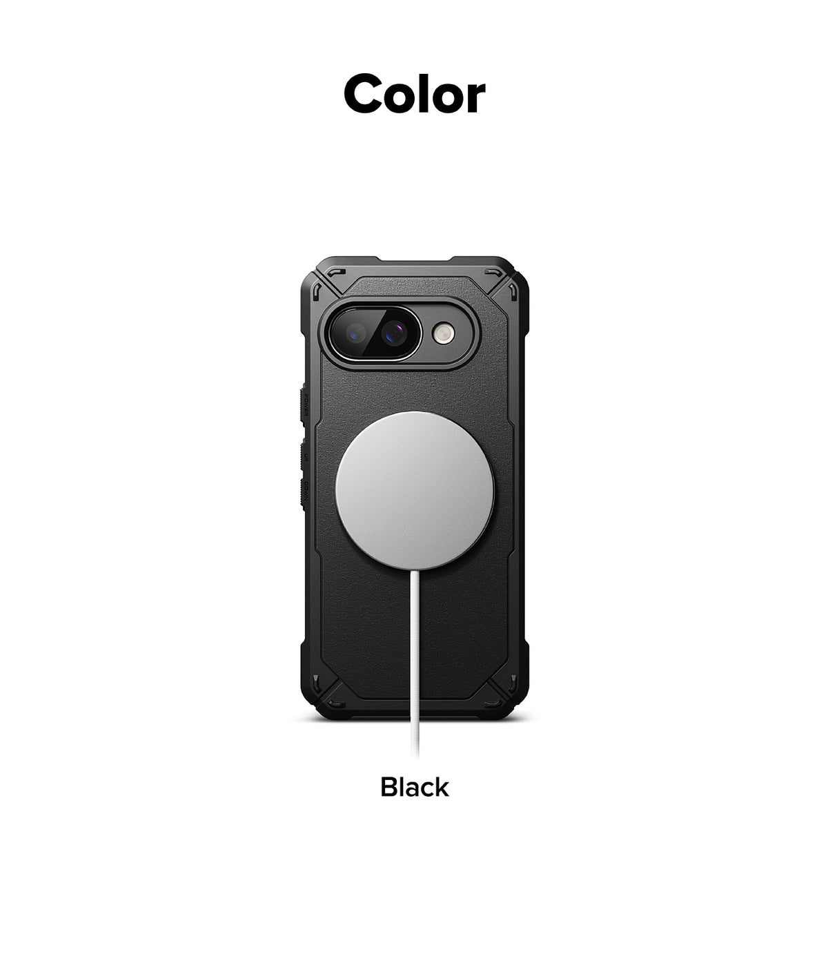 Google Pixel 9a Case | Rugged Gear Magnetic - Black rugged phone case with a magnetic charging puck attached.
