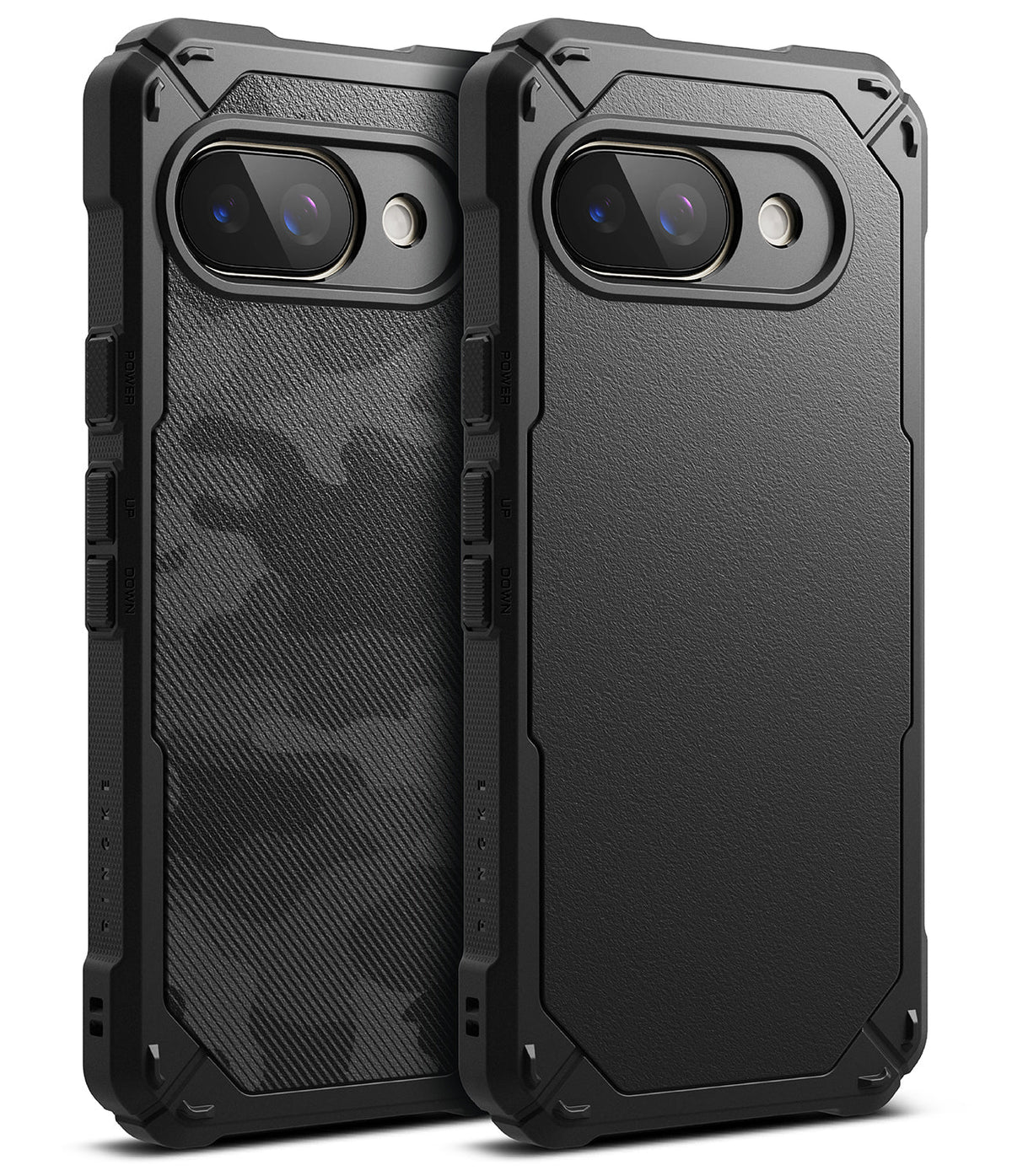 Google Pixel 9a Case | Rugged Gear - Two black rugged phone cases, one with a camo pattern and one solid, showing camera cutouts.