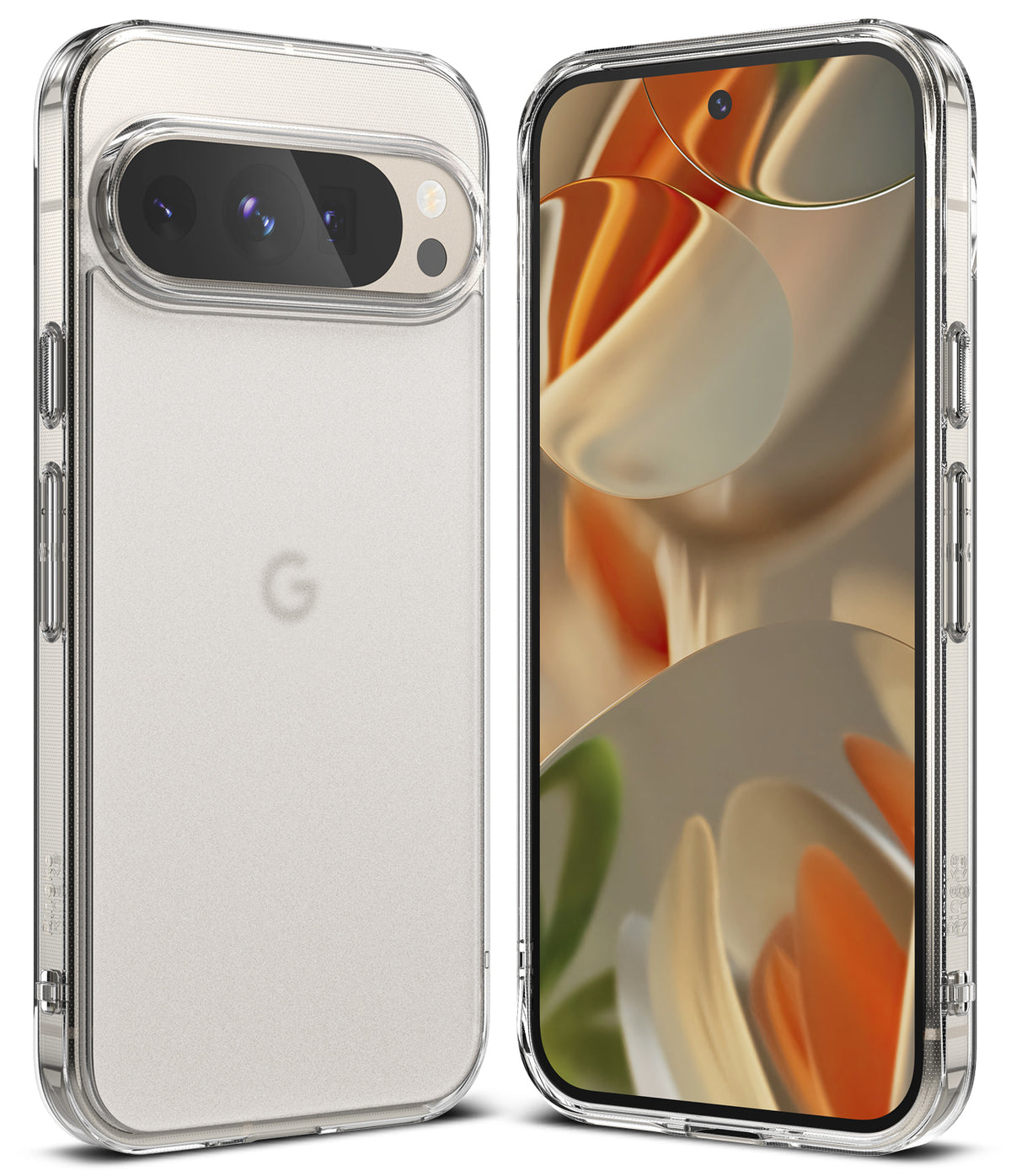Google Pixel 9 Pro XL Case | Fusion Matte - Front and back views of a clear, matte phone case on a Pixel 9 Pro XL.