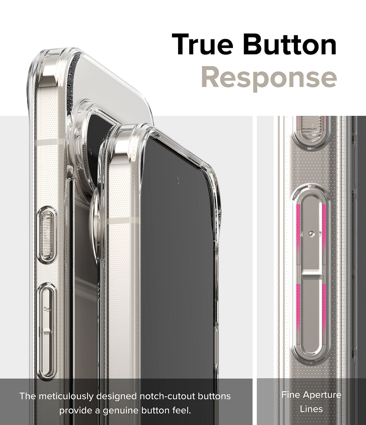 Google Pixel 9 Pro XL Case | Fusion - Close-up of clear phone case buttons with notch cutouts for tactile response.