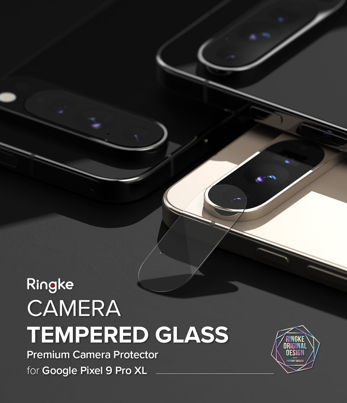 Google Pixel 9 Pro XL | Camera Glass - Tempered glass protector being applied to the camera bar of a smartphone.