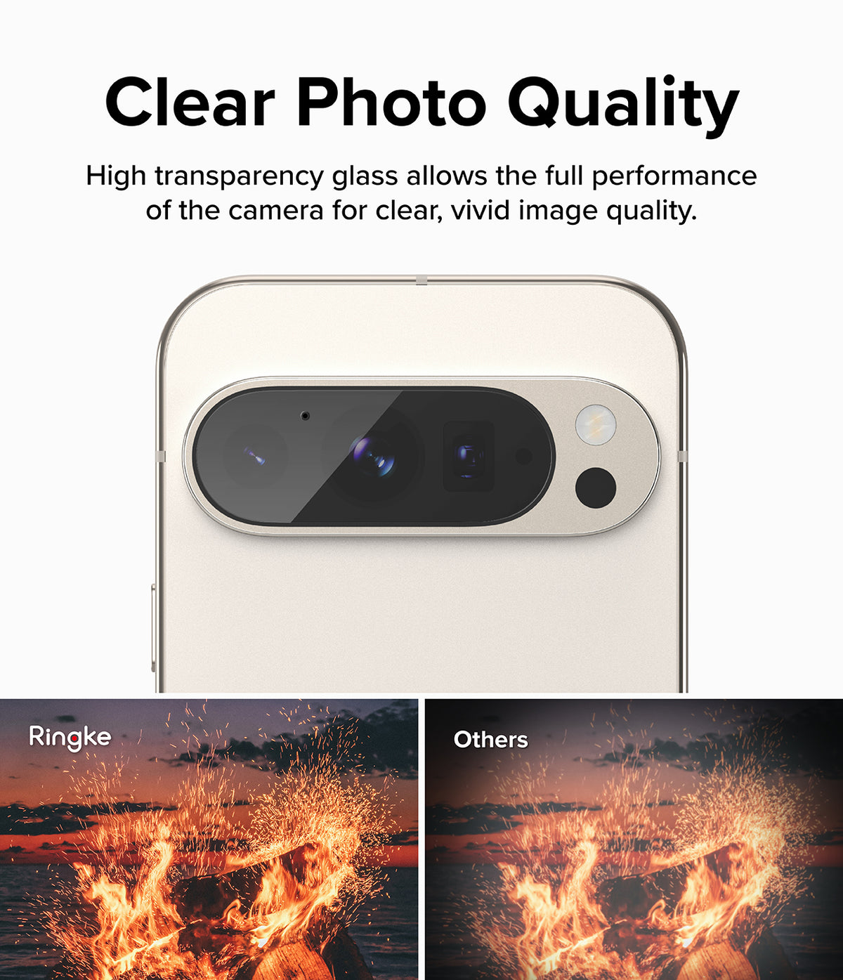 Google Pixel 9 Pro XL | Camera Glass - Comparison showing clearer, brighter fire photo with Ringke glass vs. others.