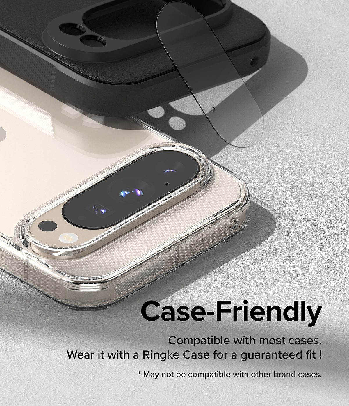 Google Pixel 9 Pro XL | Camera Glass - Tempered glass lens protector hovering above a smartphone camera module.