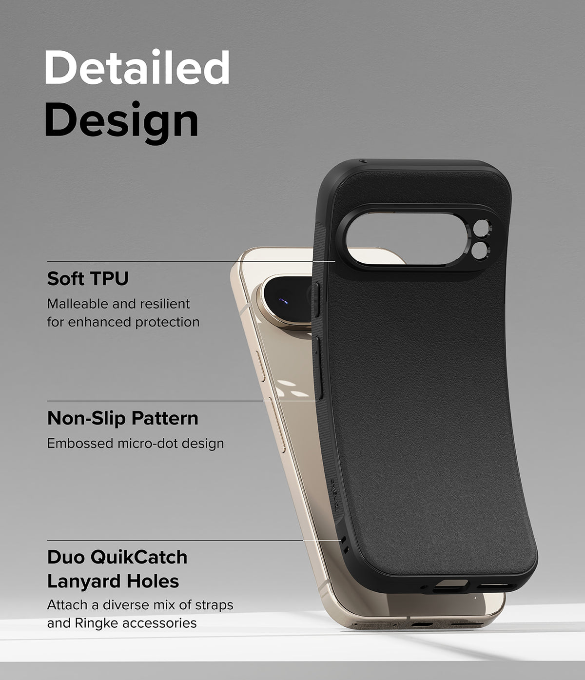 Google Pixel 9 Pro XL Case | Onyx - Black phone case features highlighting TPU material, non-slip texture, and lanyard holes.