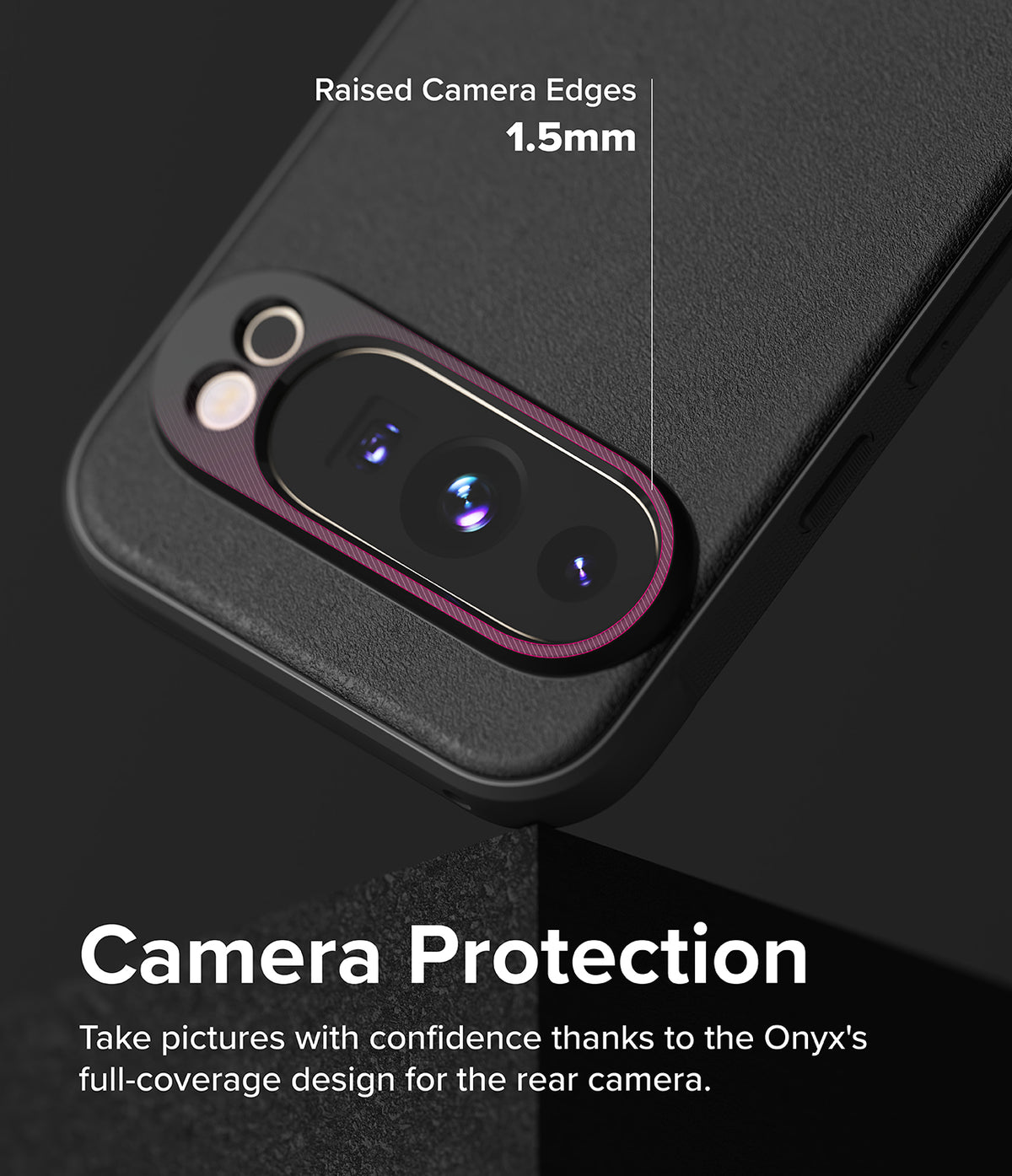 Google Pixel 9 Pro XL Case | Onyx - Close-up of black phone case highlighting 1.5mm raised edges around the camera bar.