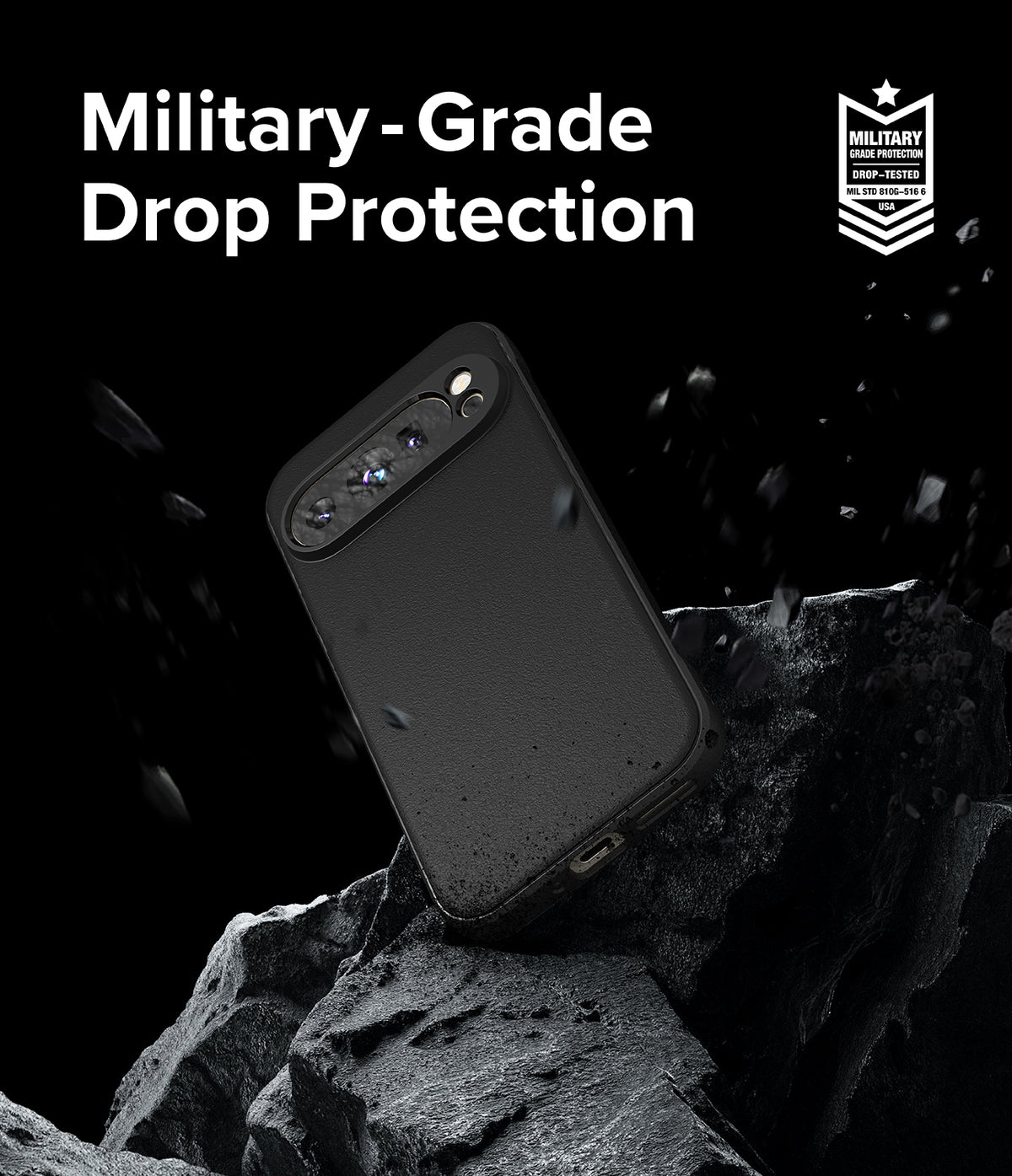Google Pixel 9 Pro XL Case | Onyx - Black phone case on a rocky surface with military-grade drop protection text and badge.