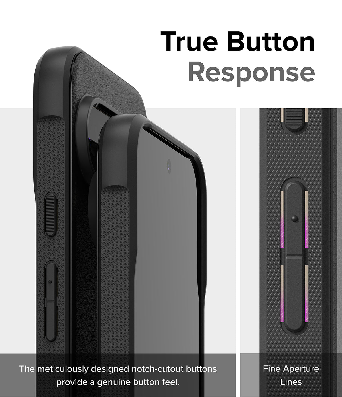 Google Pixel 9 Pro XL Case | Onyx - Close-up of black phone case buttons with notch-cutouts for tactile response.