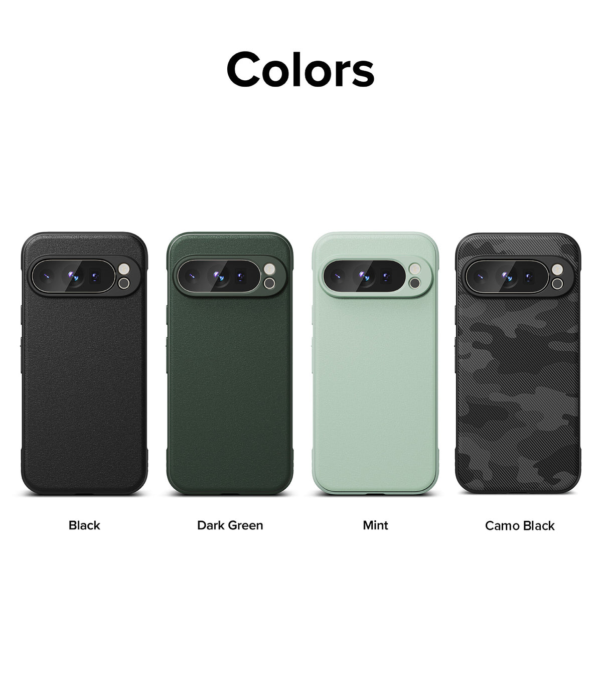 Google Pixel 9 Pro XL Case | Onyx - Four phone cases in black, dark green, mint, and camo black arranged in a row.