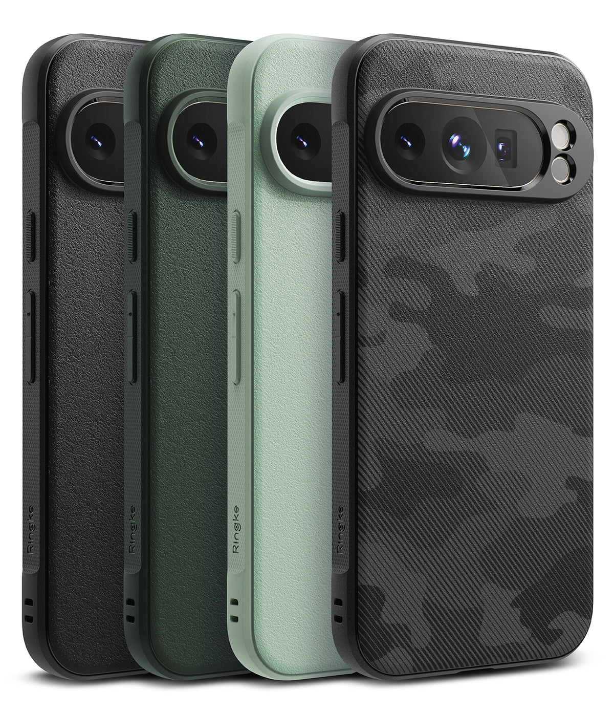 Google Pixel 9 Pro XL Case | Onyx - Four Google Pixel 9 Pro XL cases in black, dark green, light green, and black camo.