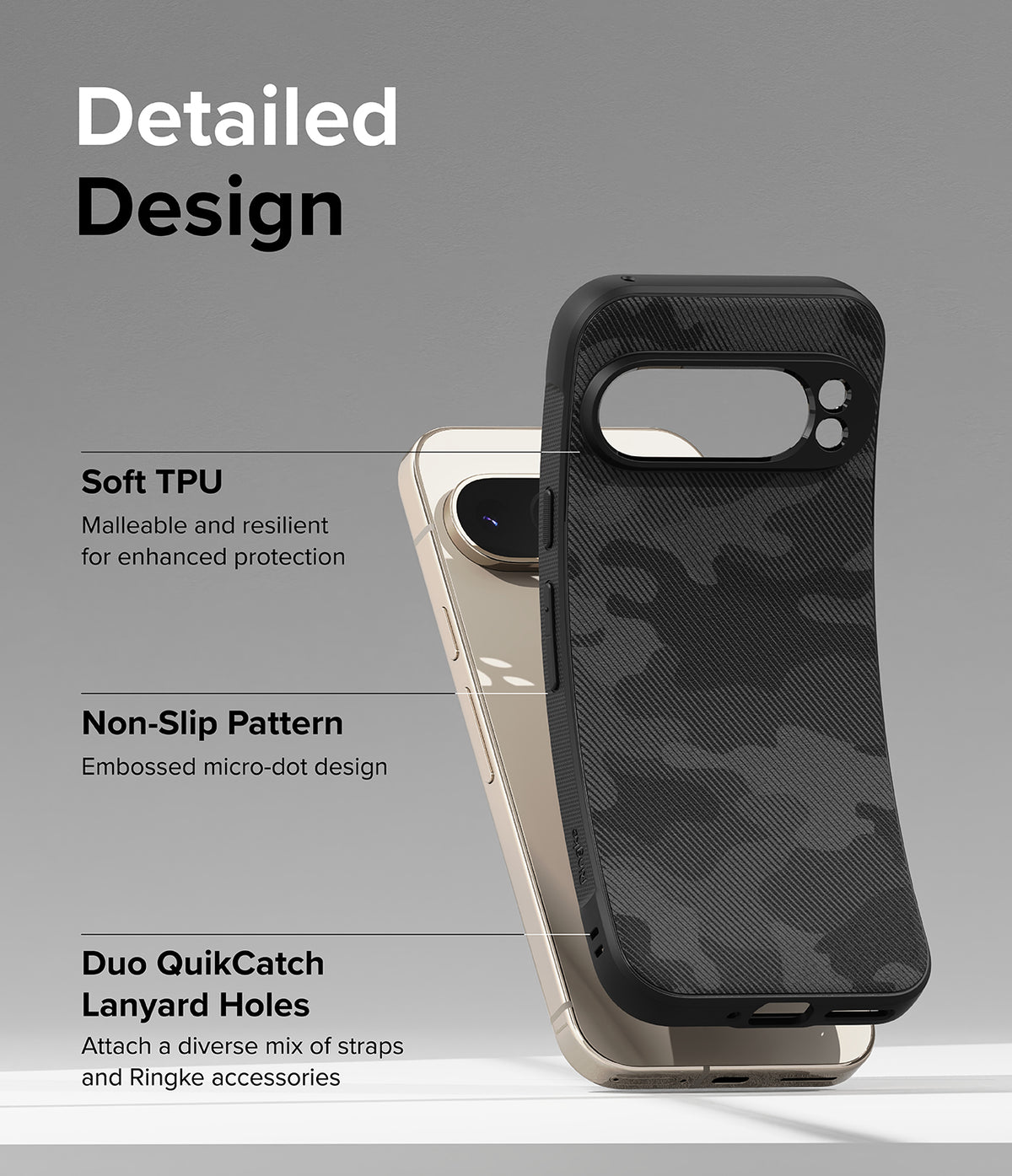 Google Pixel 9 Pro XL Case | Onyx - Black camo phone case highlighting TPU material, non-slip texture, and lanyard holes.
