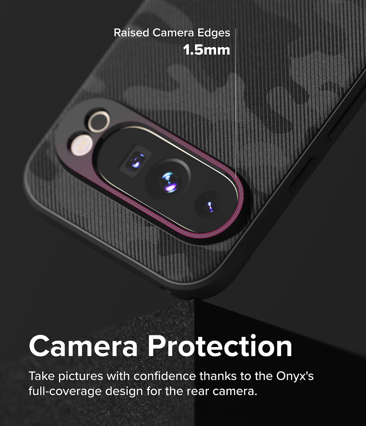 Google Pixel 9 Pro XL Case | Onyx - Close-up of a camo phone case showing 1.5mm raised edges around the camera lenses.
