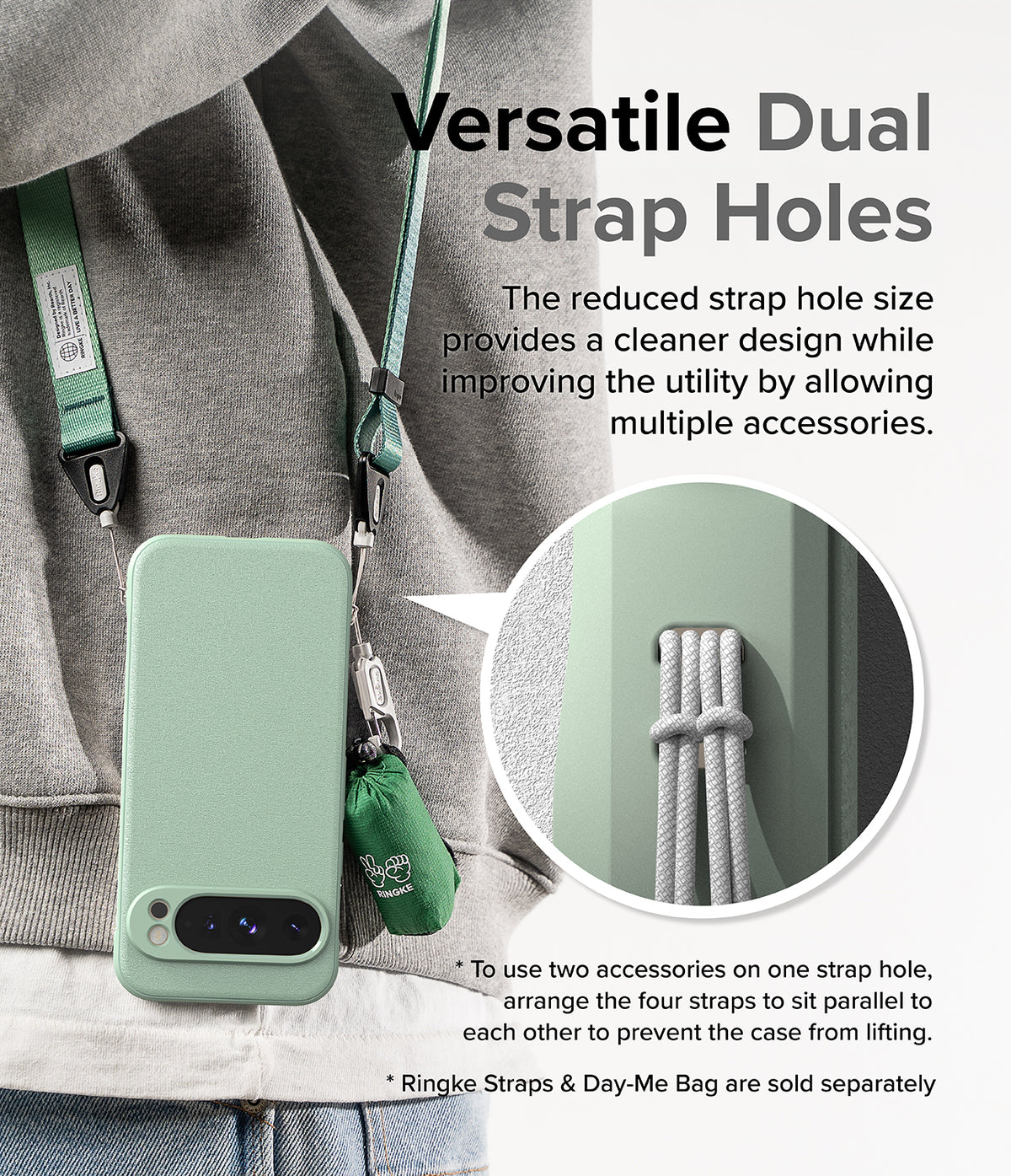 Google Pixel 9 Pro XL Case | Onyx - A sage green phone case with dual strap holes holding multiple accessories.
