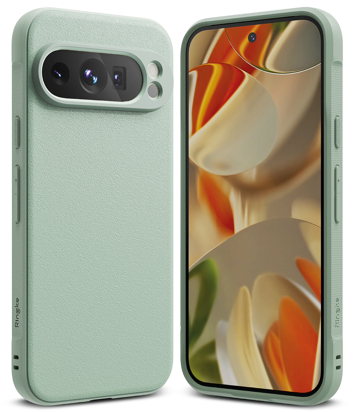 Google Pixel 9 Pro XL Case | Onyx - Sage green textured phone case shown from back and front with abstract screen art.