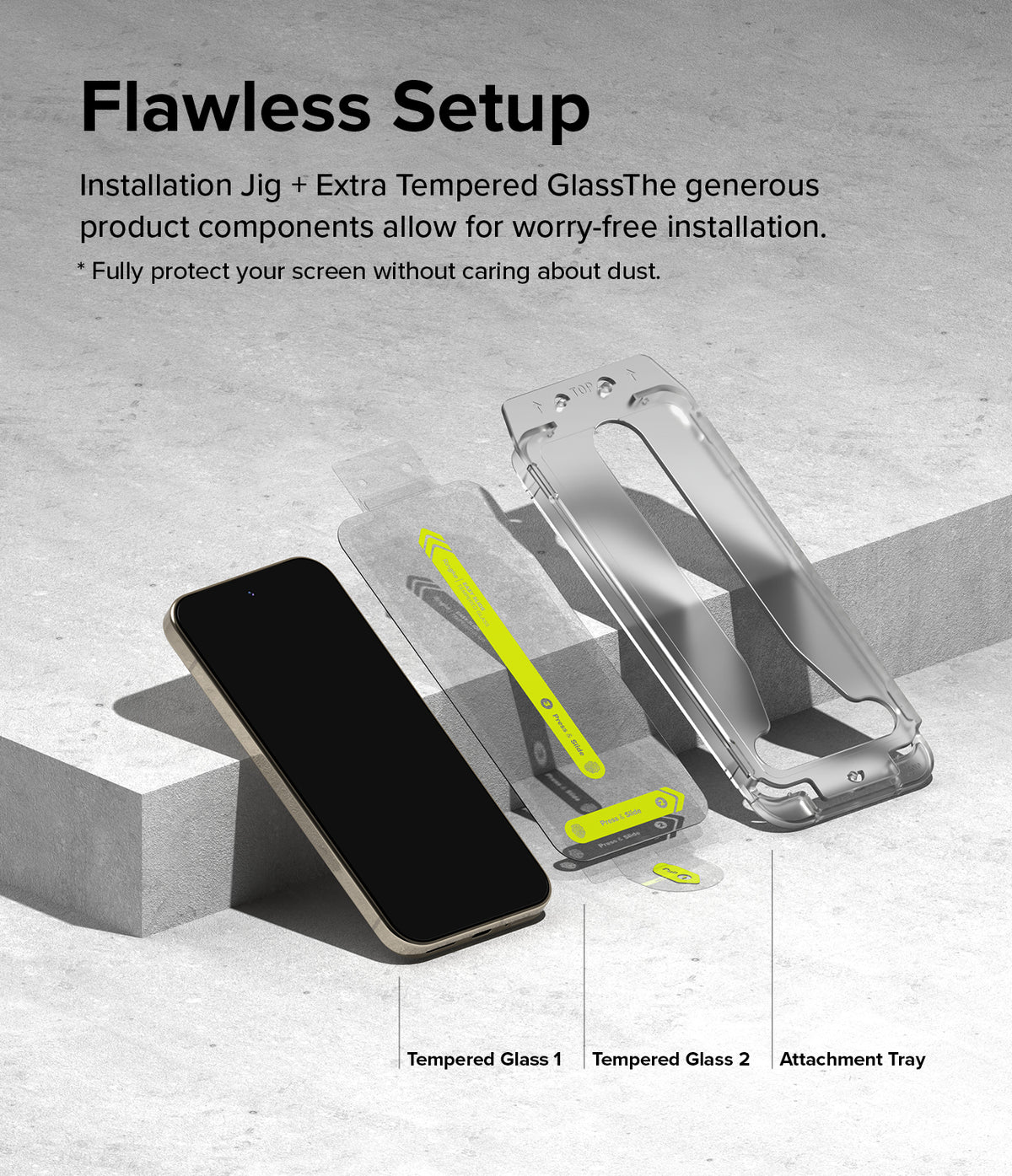 Google Pixel 9 Pro XL Screen Protector | Easy Slide Tempered Glass - Google Pixel 9 Pro XL Screen Protector - Two tempered glass sheets and an installation tray arranged on a concrete surface.