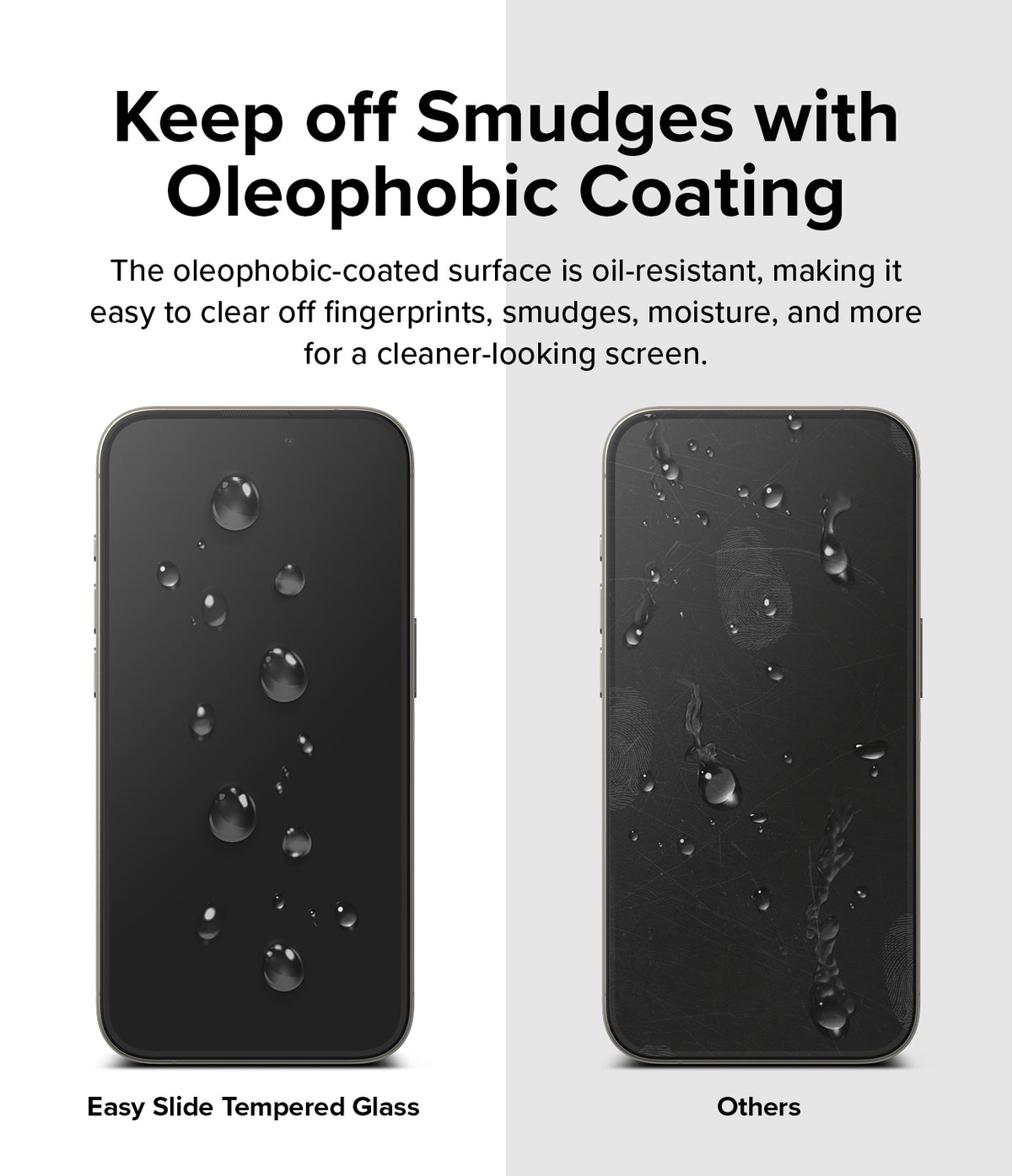 Google Pixel 9 Pro XL Screen Protector | Easy Slide Tempered Glass - Google Pixel 9 Pro XL Screen Protector - Comparison showing clean, beaded water on tempered glass versus smudged screen.