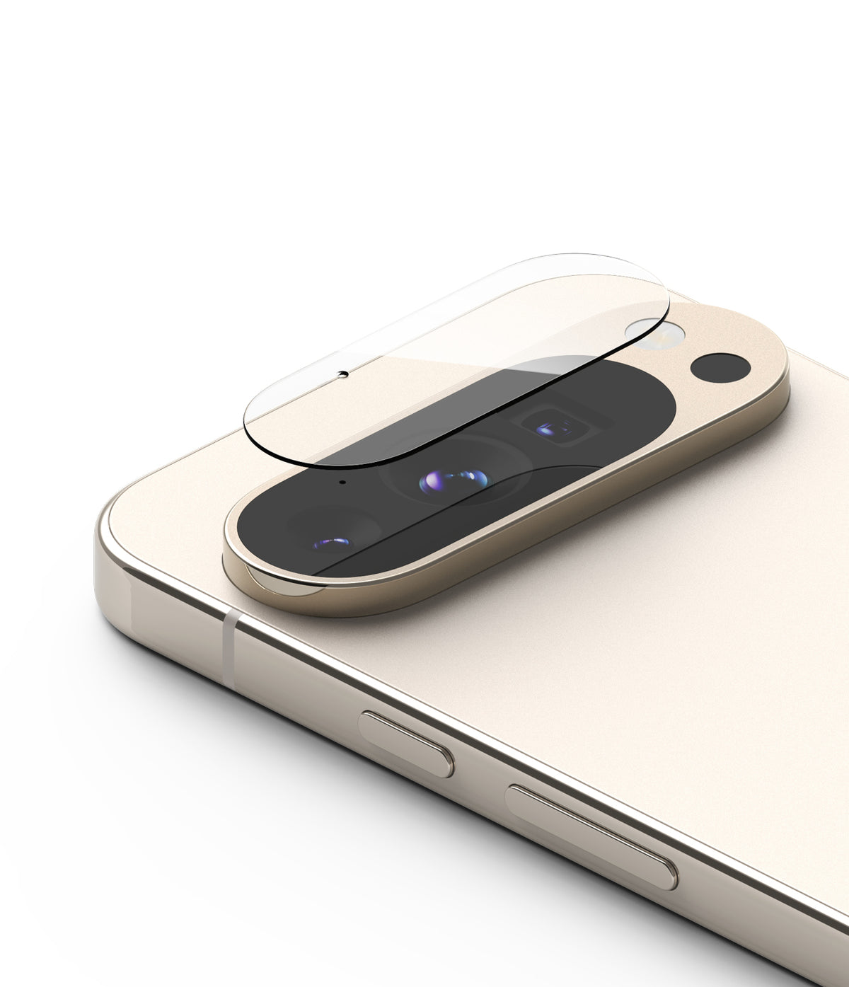 Google Pixel 9 Pro | Camera Glass - A clear protective glass cover hovering above the triple-lens camera bar of a gold phone.