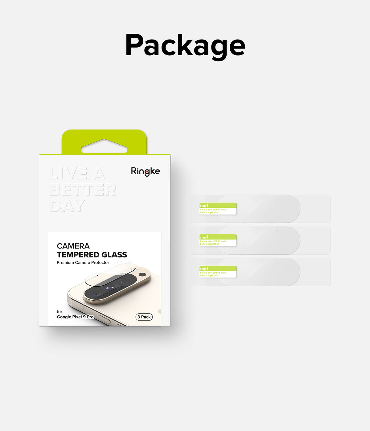 Google Pixel 9 Pro | Camera Glass - Ringke camera tempered glass 3-pack packaging and three individual protectors.