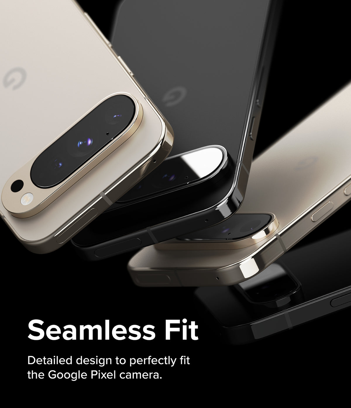 Google Pixel 9 Pro | Camera Glass - Stacked black and beige Pixel 9 Pro phones highlighting the precise camera lens fit.