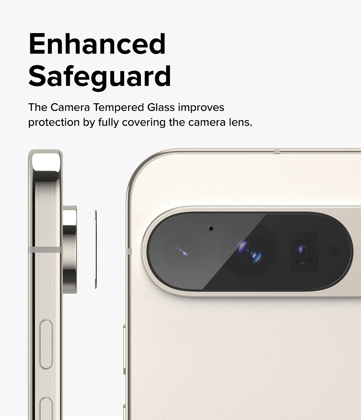 Google Pixel 9 Pro | Camera Glass - Tempered glass protector aligning with the camera bar of a Pixel 9 Pro smartphone.