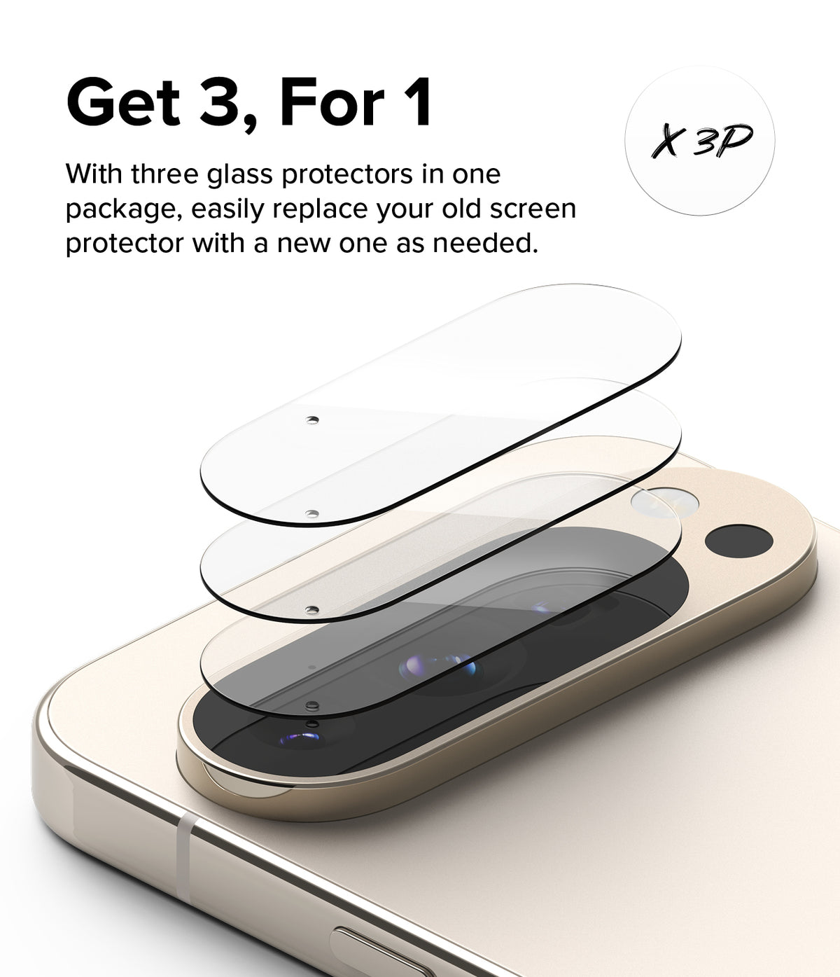 Google Pixel 9 Pro | Camera Glass - Three transparent camera lens protectors stacked above a smartphone camera module.