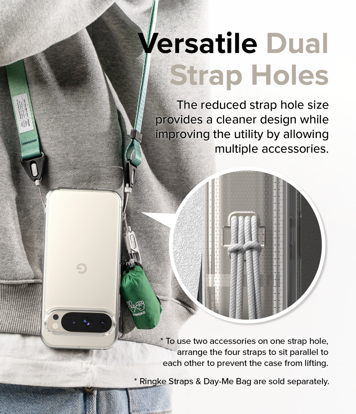 Google Pixel 9 Pro / 9 Case | Fusion - Clear phone case with dual strap holes holding a green bag and lanyard.