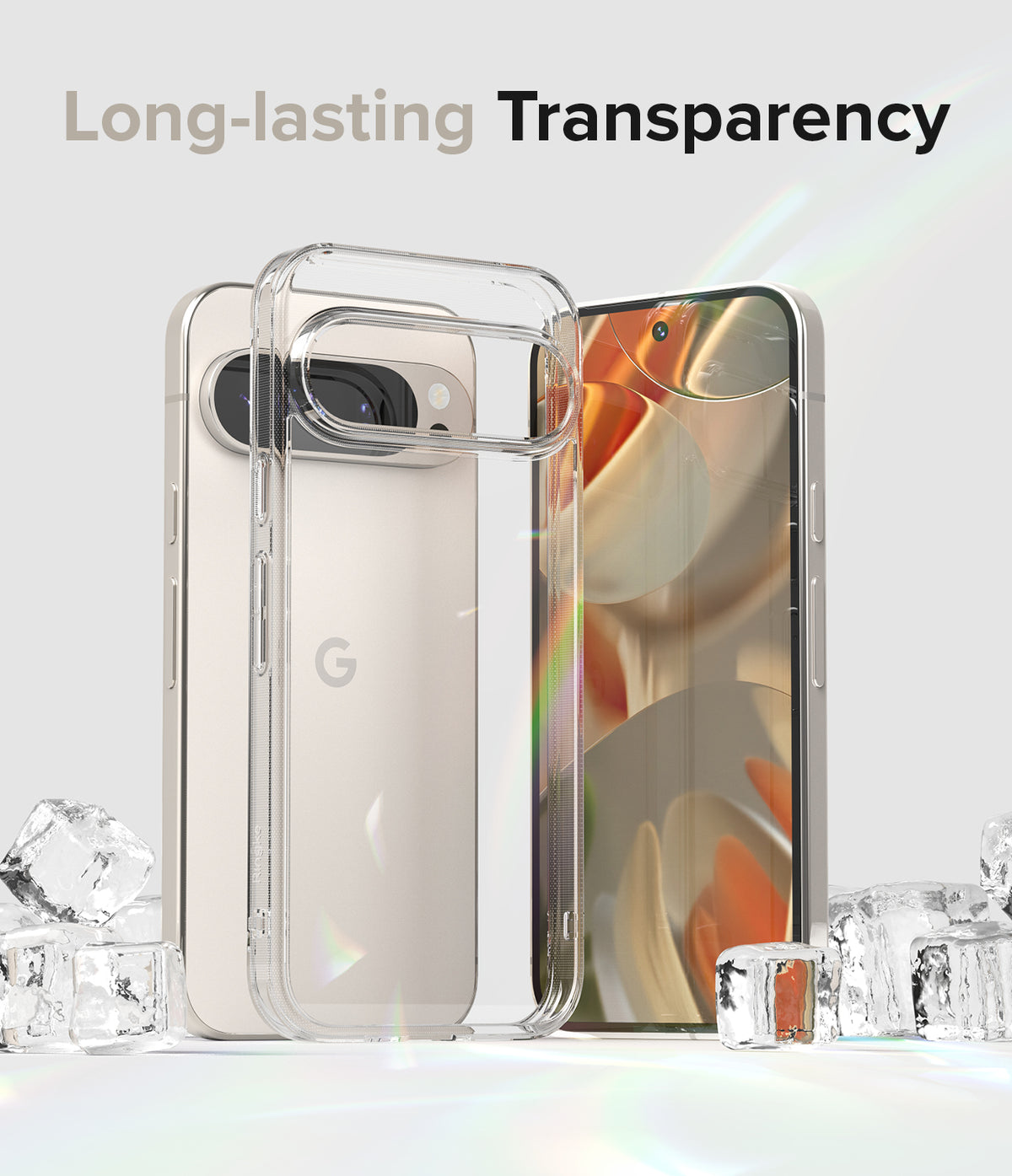 Google Pixel 9 Pro / 9 Case | Fusion - Clear protective phone case standing in front of a smartphone amidst ice cubes.