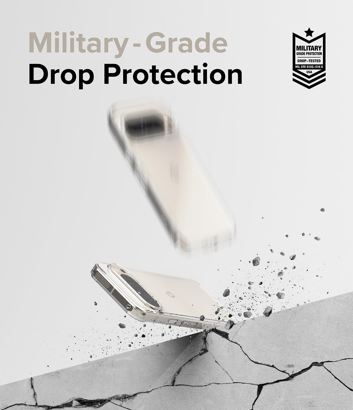 Google Pixel 9 Pro / 9 Case | Fusion - Clear phone case bouncing off a cracked concrete surface with debris.