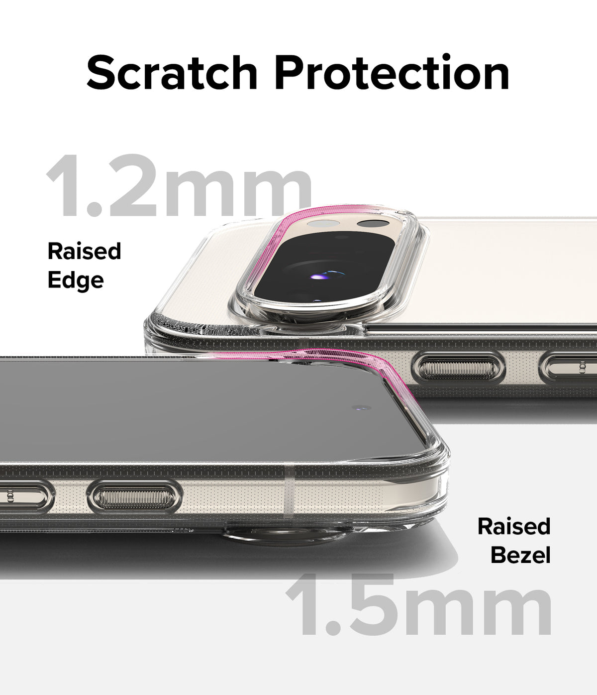 Google Pixel 9 Pro / 9 Case | Fusion - Clear phone case showing 1.2mm raised camera edge and 1.5mm raised screen bezel.