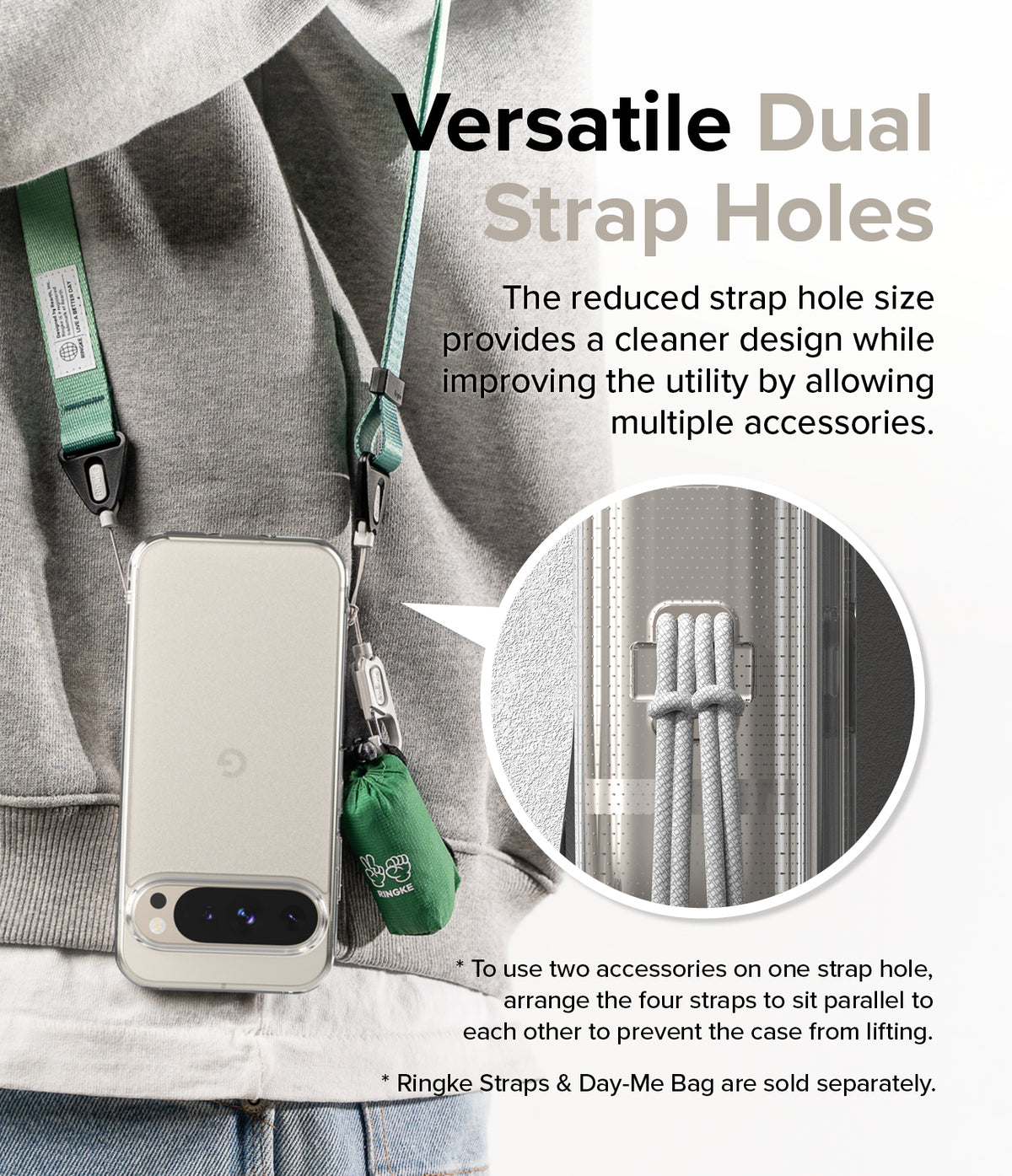 Google Pixel 9 Pro / 9 Case | Fusion Matte - Phone case with dual strap holes holding a lanyard and small green bag.