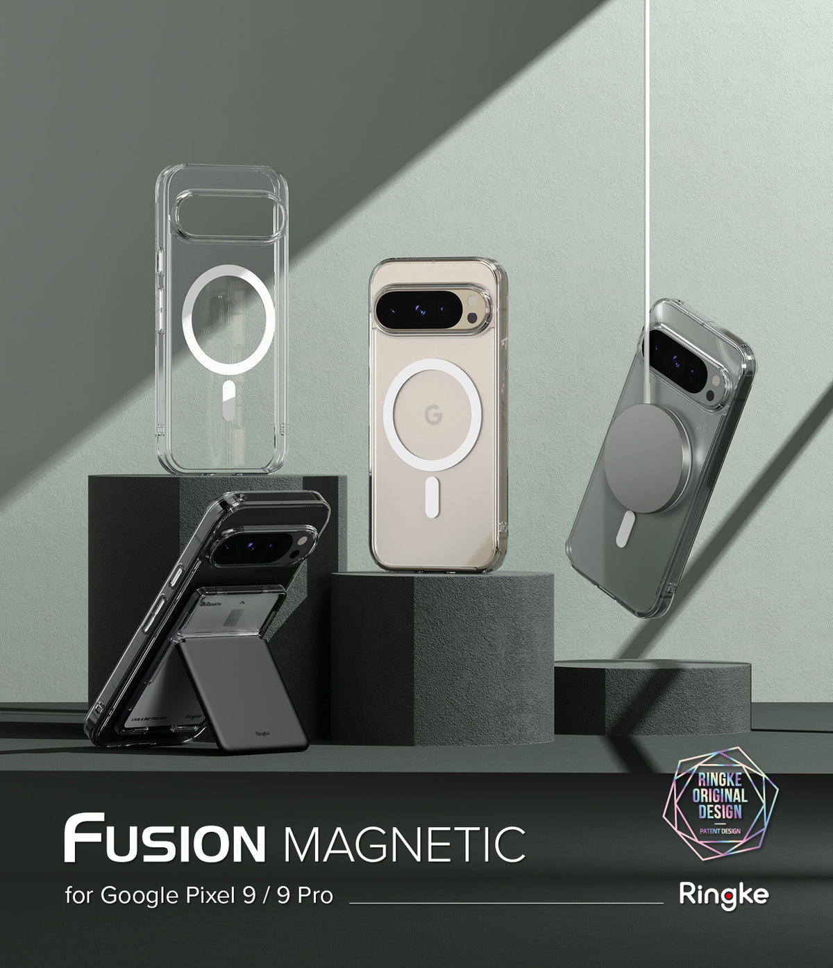 Google Pixel 9 Pro / 9 Case | Fusion Magnetic - Three clear magnetic phone cases displayed on pedestals with accessories.