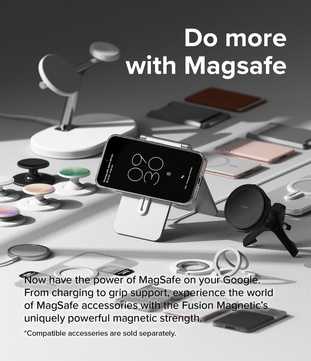 Google Pixel 9 Pro / 9 Case | Fusion Magnetic - Pixel 9 Pro in a magnetic case on a stand, surrounded by MagSafe accessories.